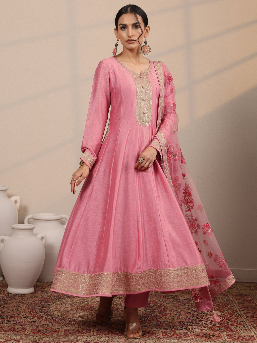 Pink Embroidered Silk Blend A-Line Gown With Dupatta
