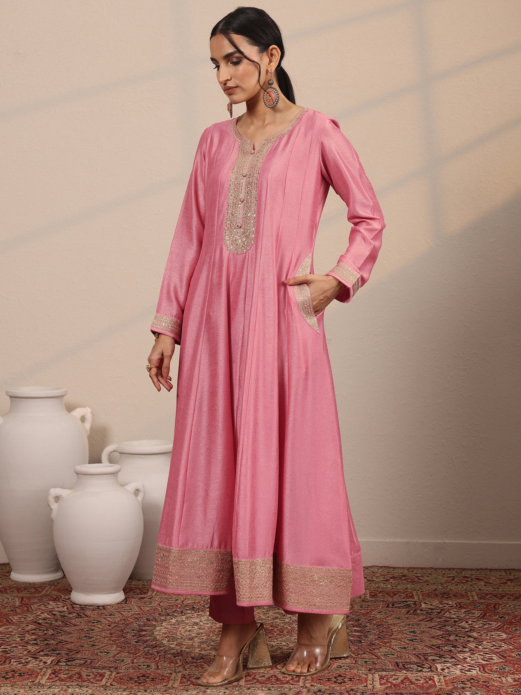 Pink Embroidered Silk Blend A-Line Gown With Dupatta