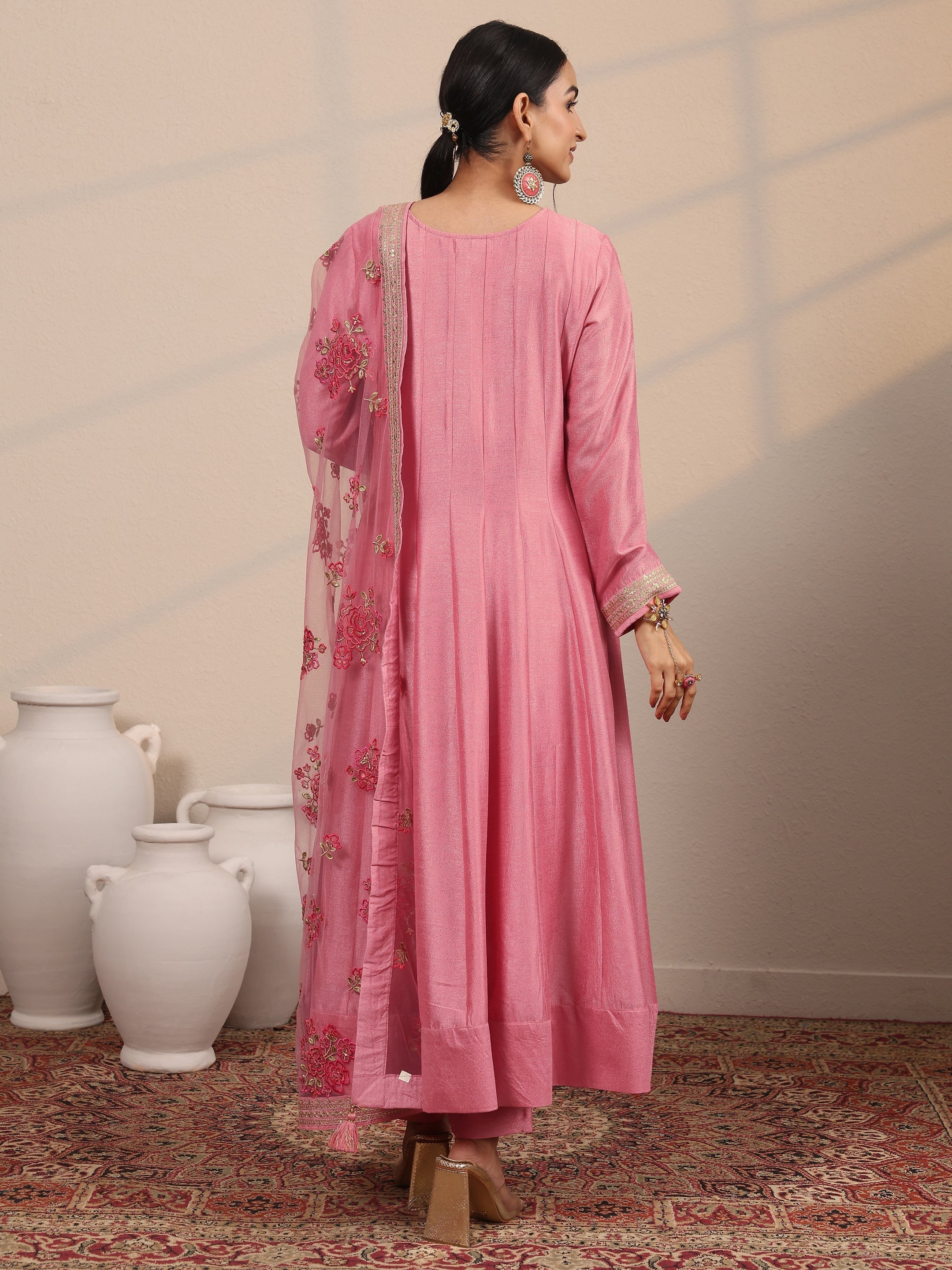 Pink Embroidered Silk Blend A-Line Gown With Dupatta