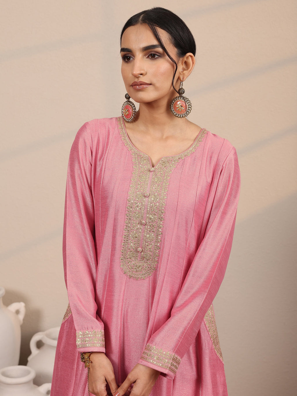 Pink Embroidered Silk Blend A-Line Gown With Dupatta