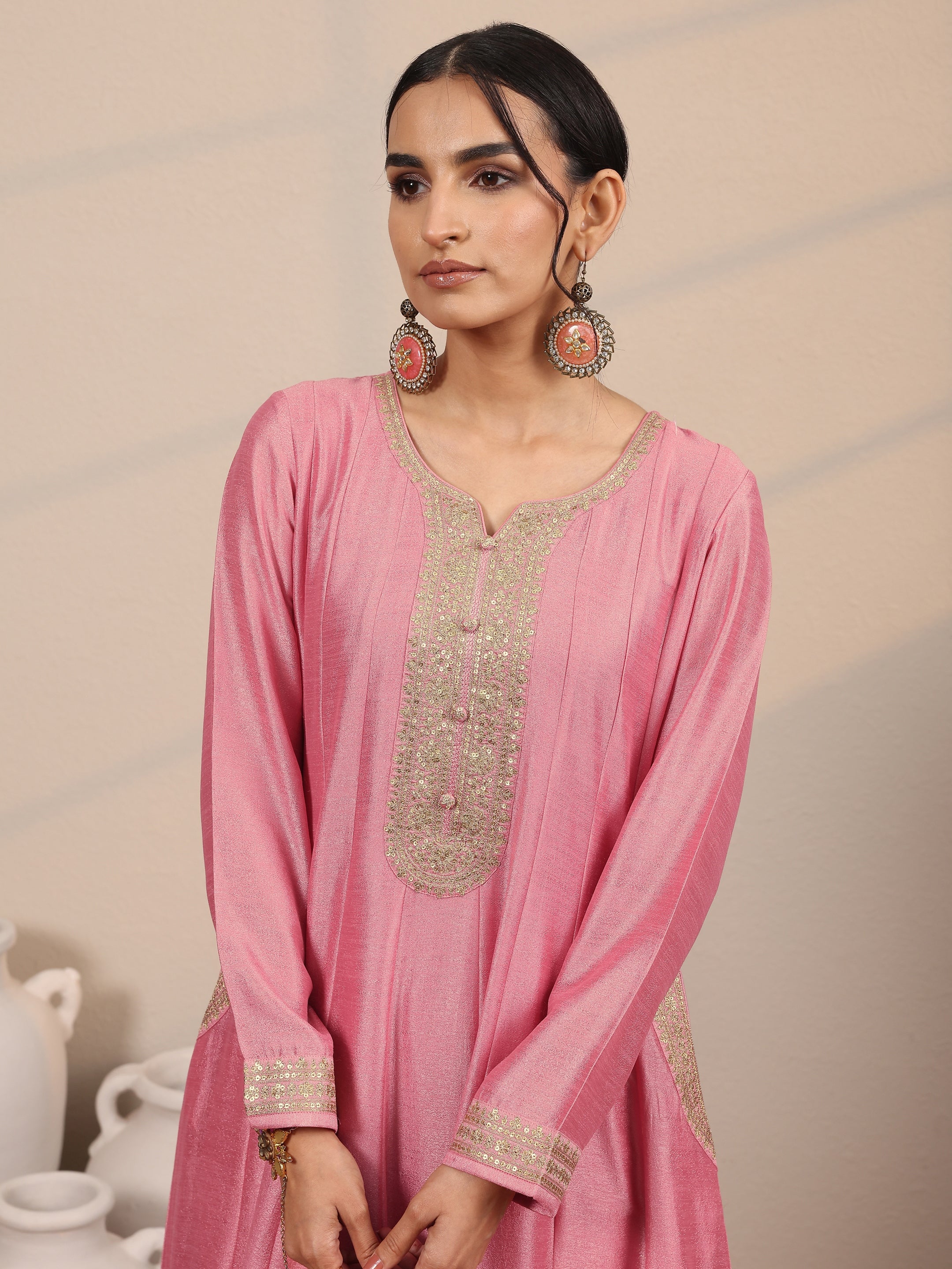 Pink Embroidered Silk Blend A-Line Gown With Dupatta