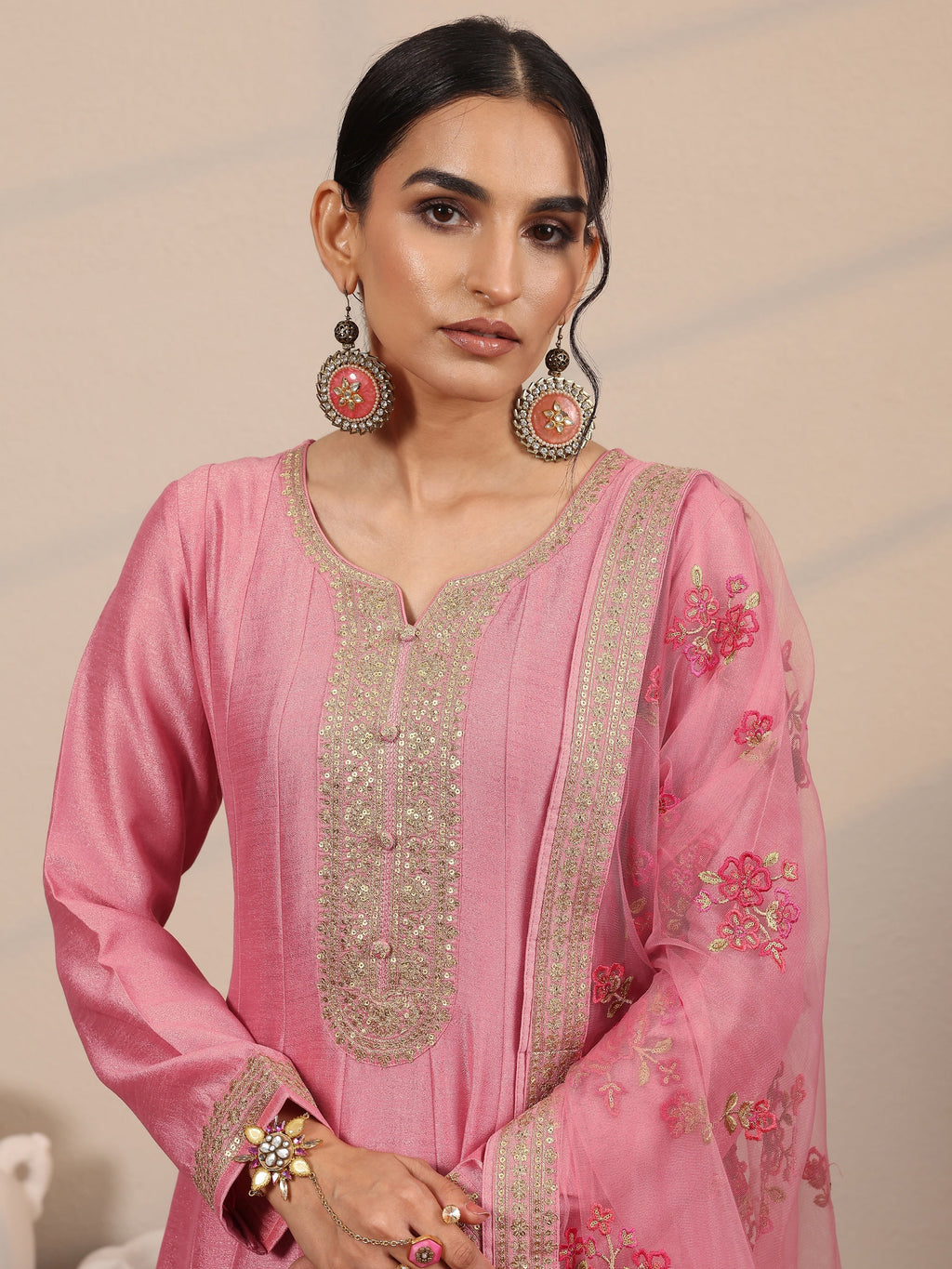 Pink Embroidered Silk Blend A-Line Gown With Dupatta