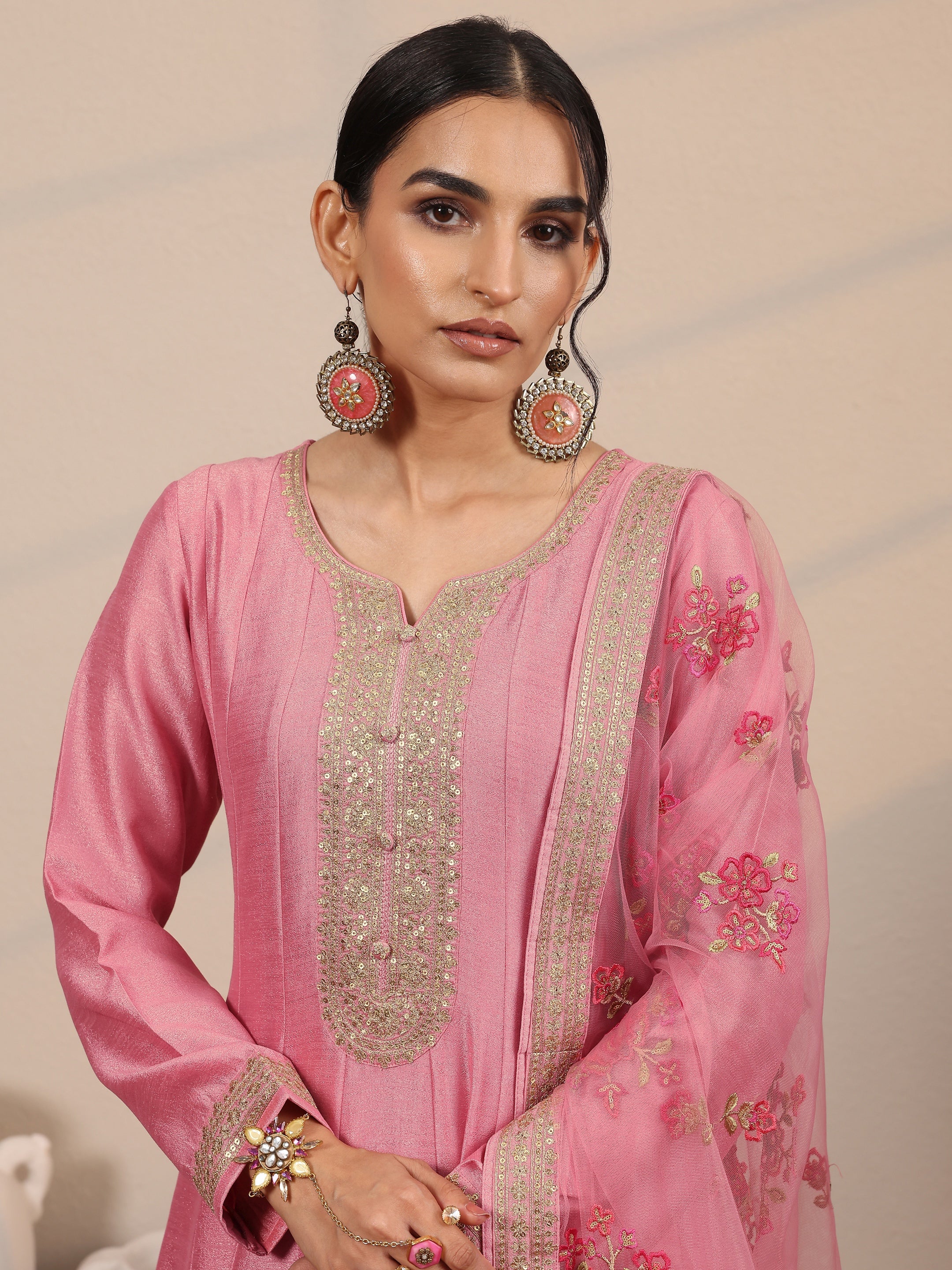Pink Embroidered Silk Blend A-Line Gown With Dupatta