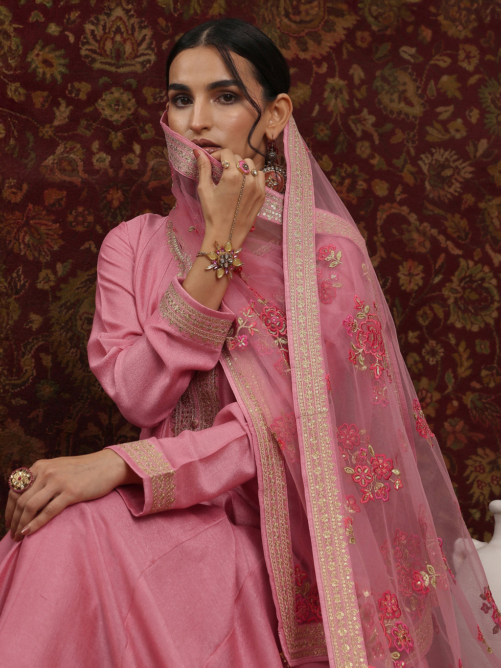 Pink Embroidered Silk Blend A-Line Gown With Dupatta