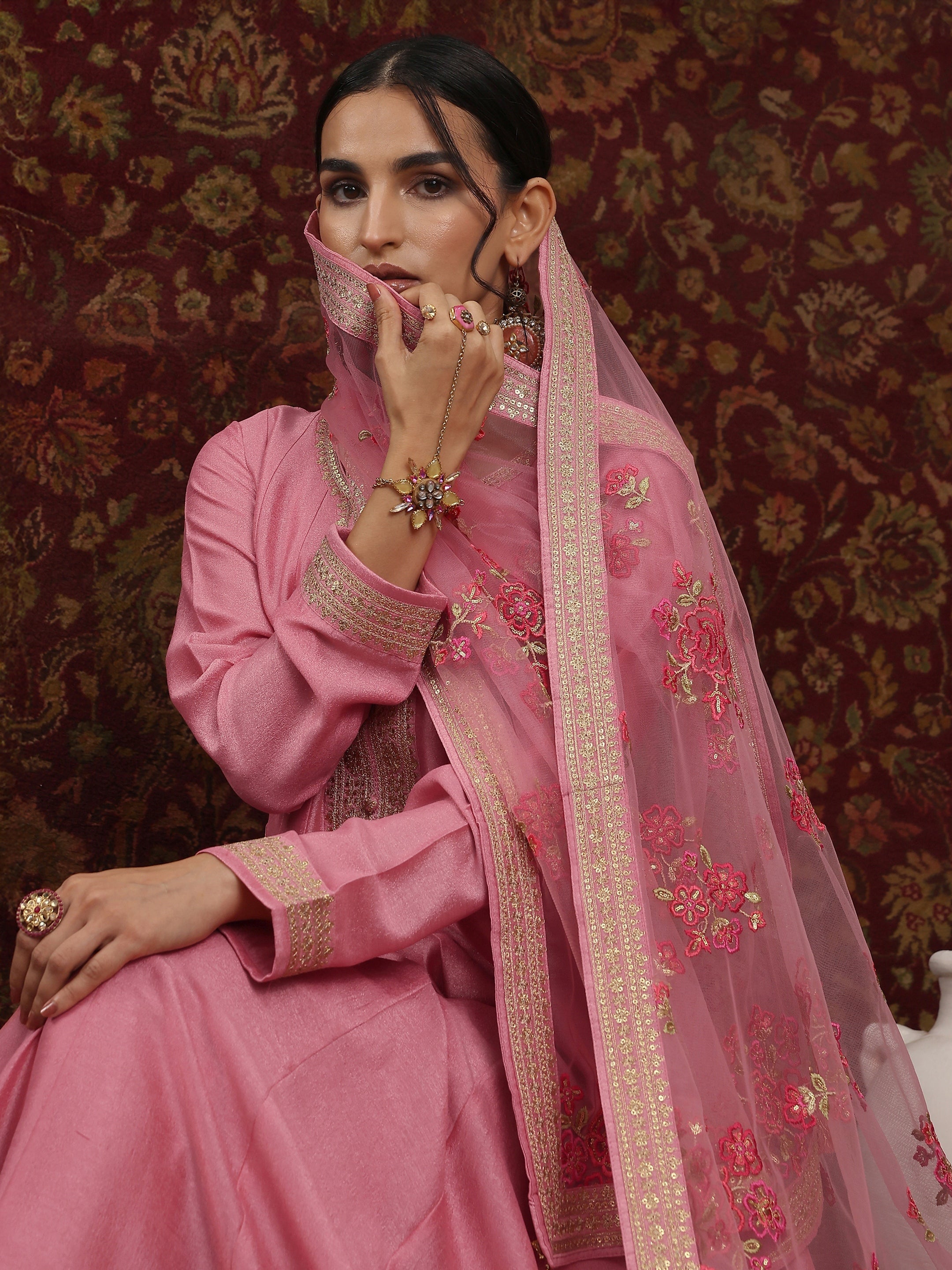 Pink Embroidered Silk Blend A-Line Gown With Dupatta