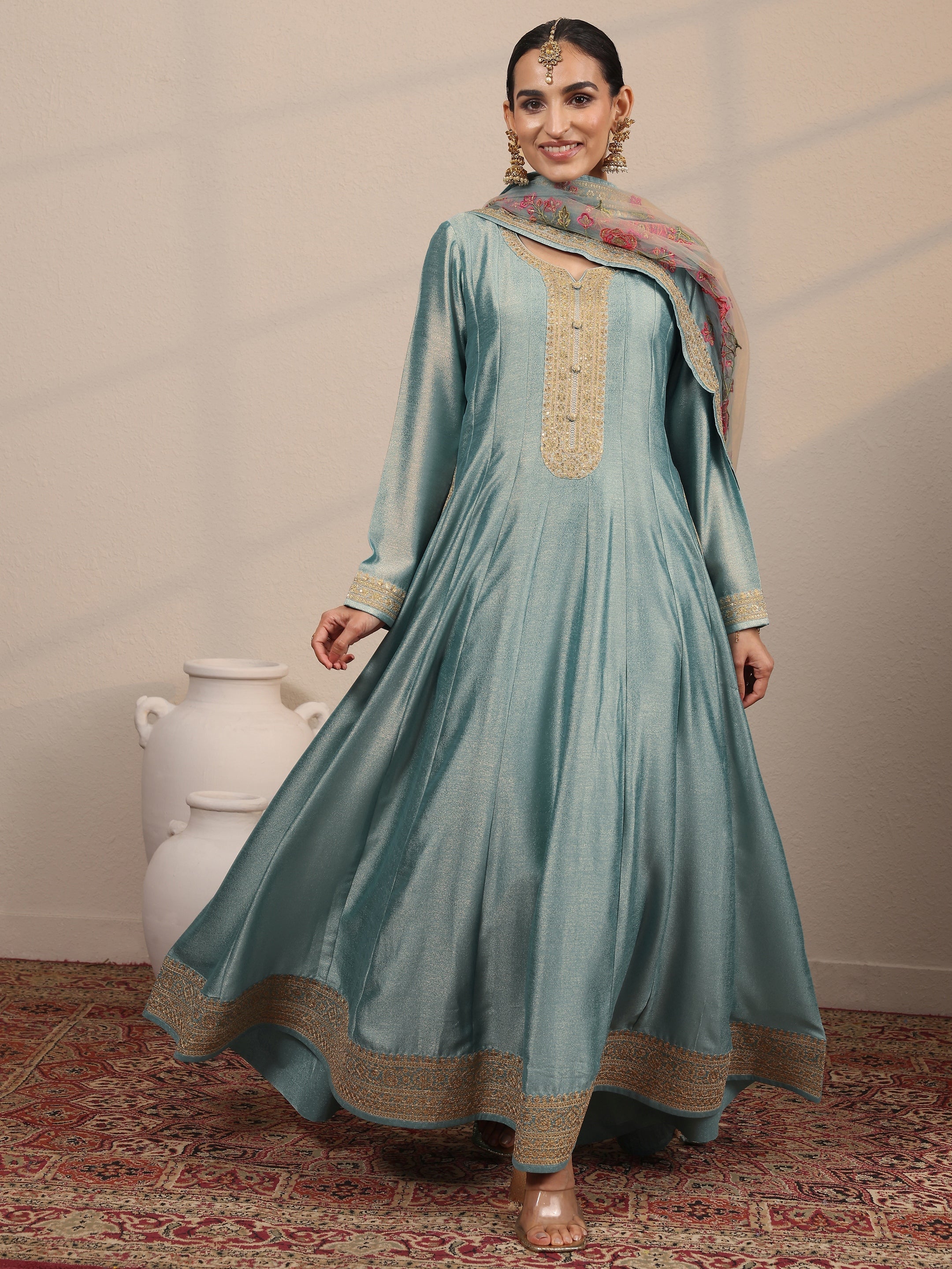 Blue Embroidered Silk Blend A-Line Gown With Dupatta