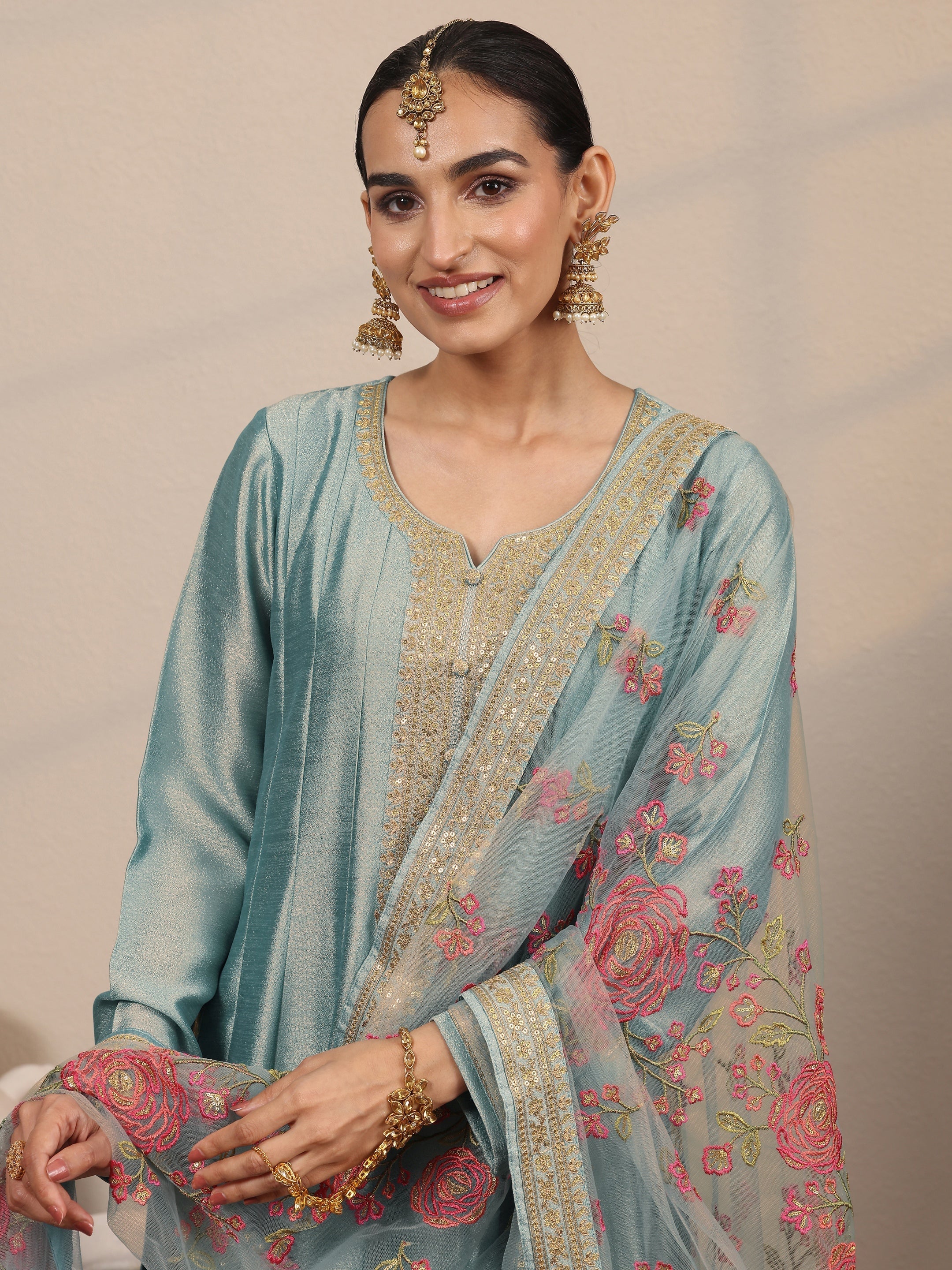 Blue Embroidered Silk Blend A-Line Gown With Dupatta