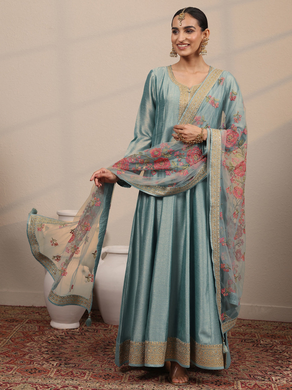 Blue Embroidered Silk Blend A-Line Gown With Dupatta