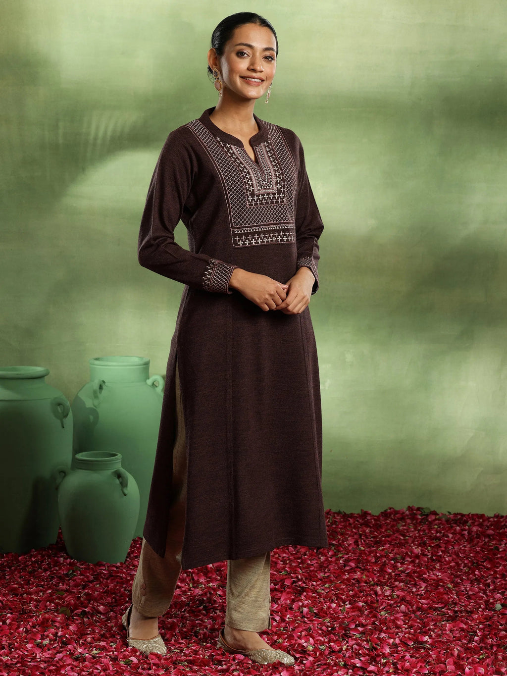 Brown Yoke Design Wool Straight Kurta