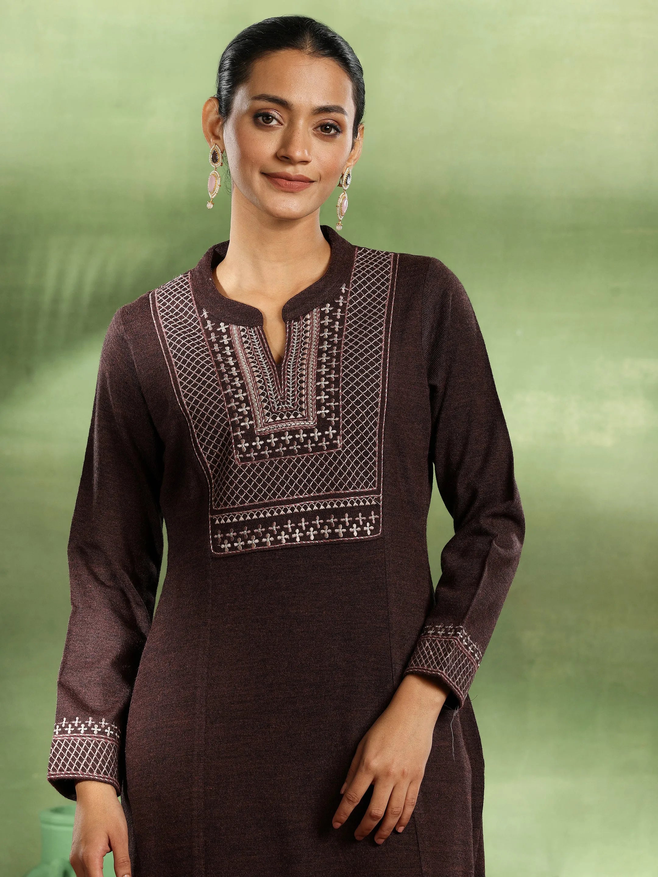 Brown Yoke Design Wool Straight Kurta