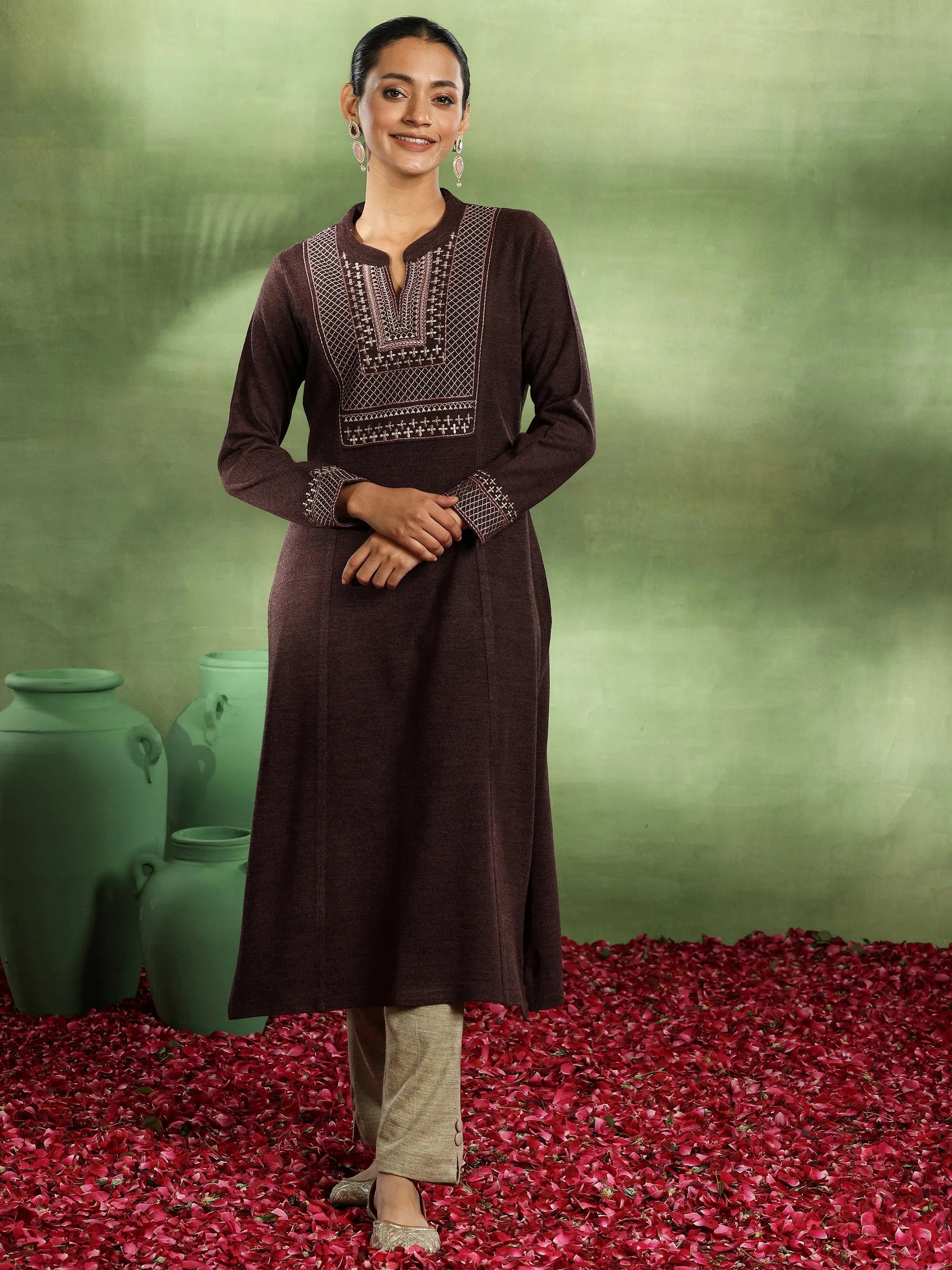 Brown Yoke Design Wool Straight Kurta