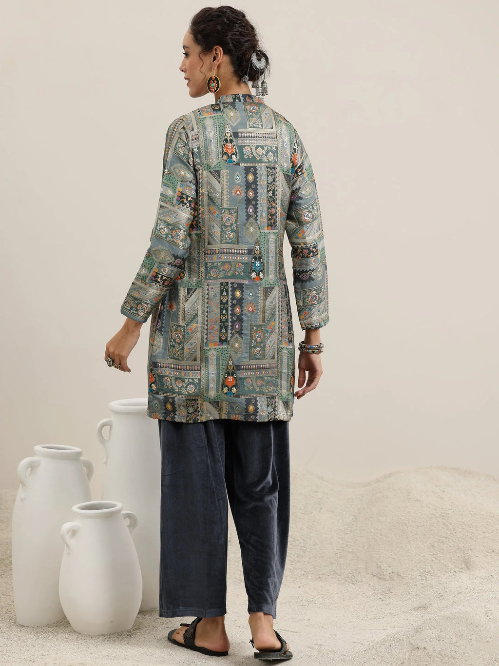 Grey Solid Velvet 3 Piece Co-Ords