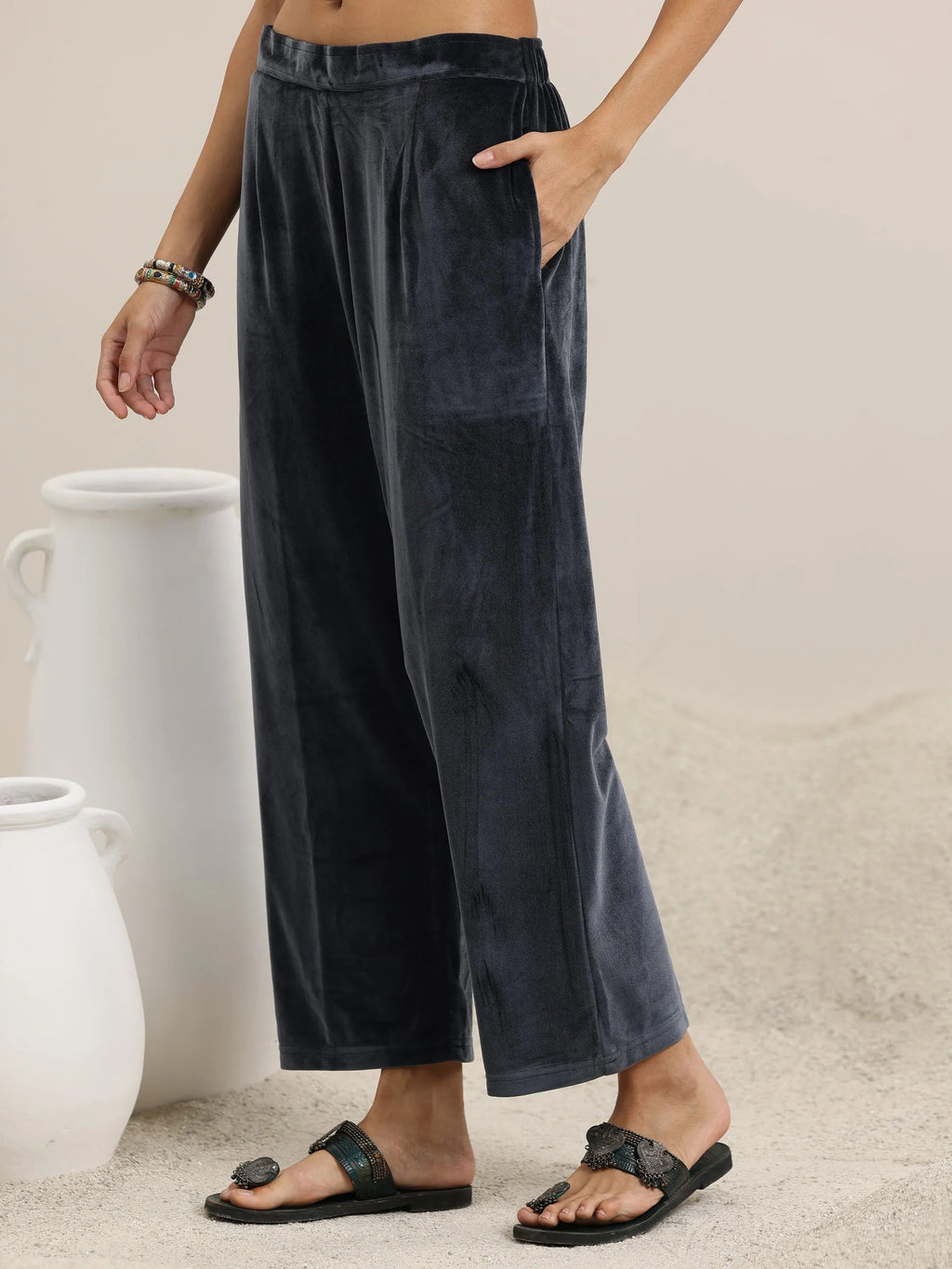 Grey Solid Velvet 3 Piece Co-Ords