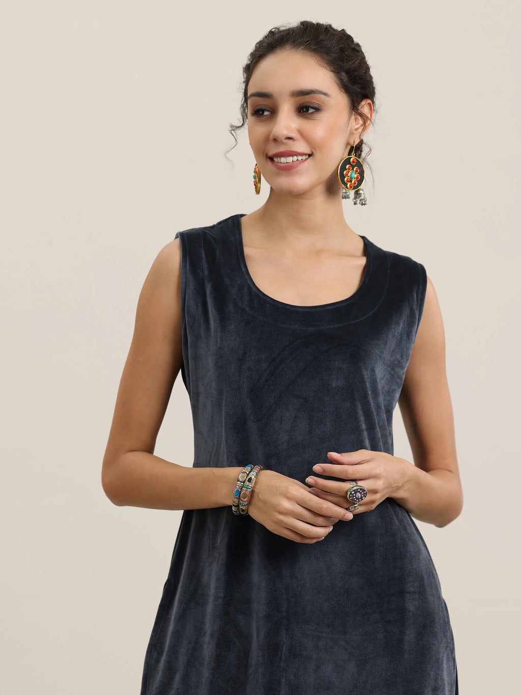 Grey Solid Velvet 3 Piece Co-Ords