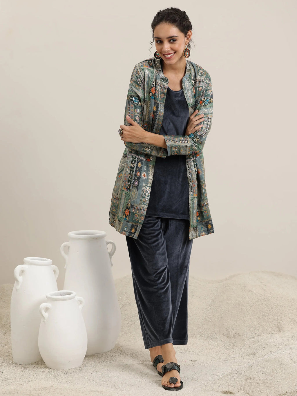 Grey Solid Velvet 3 Piece Co-Ords