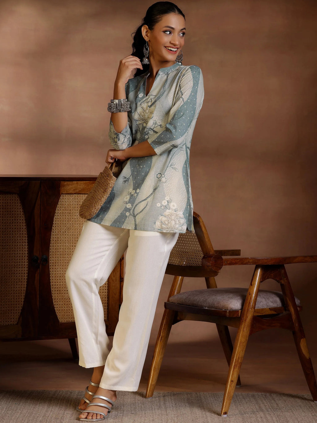 Off White Printed Cotton Blend Straight Kurtis