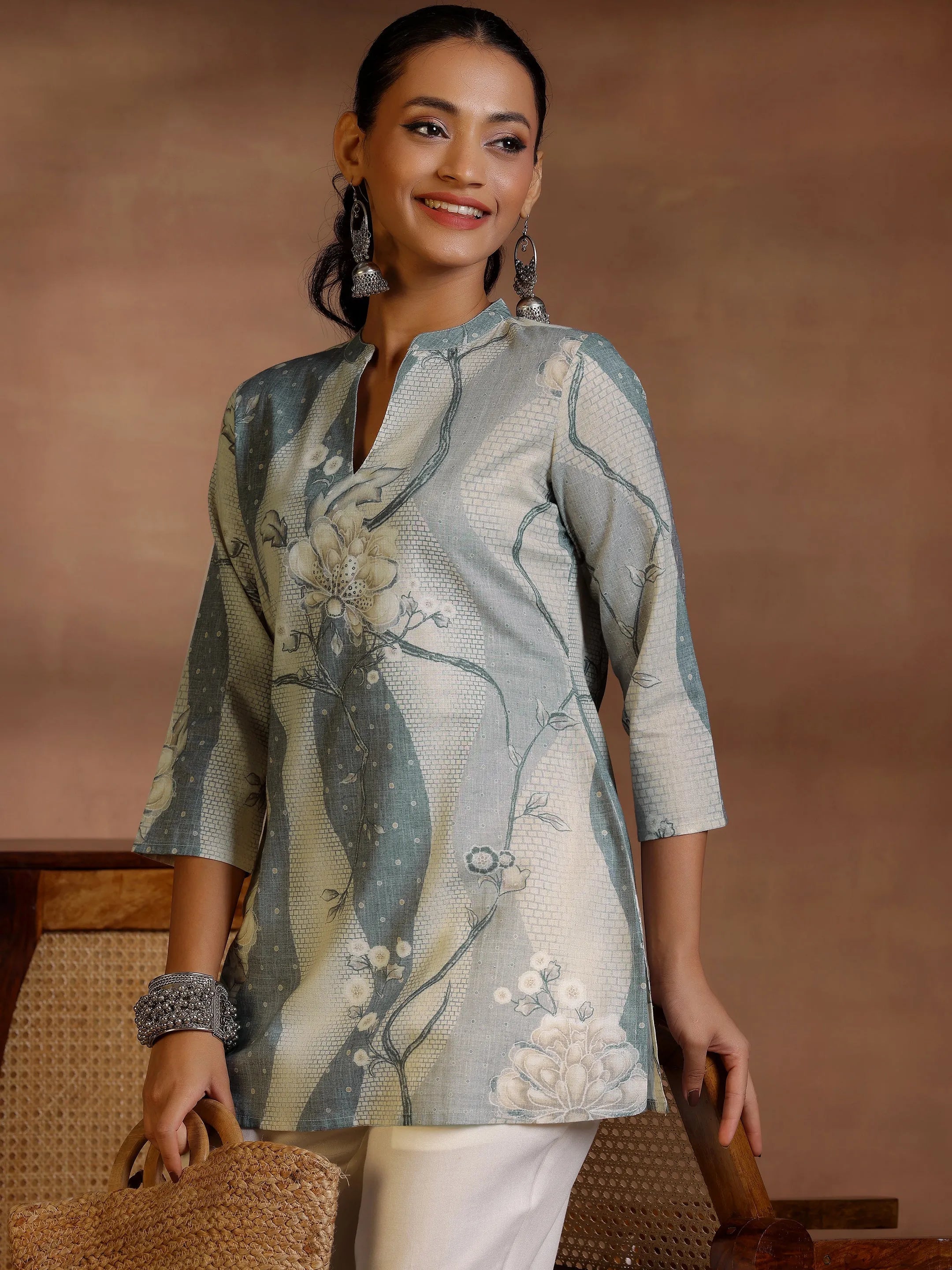 Off White Printed Cotton Blend Straight Kurtis