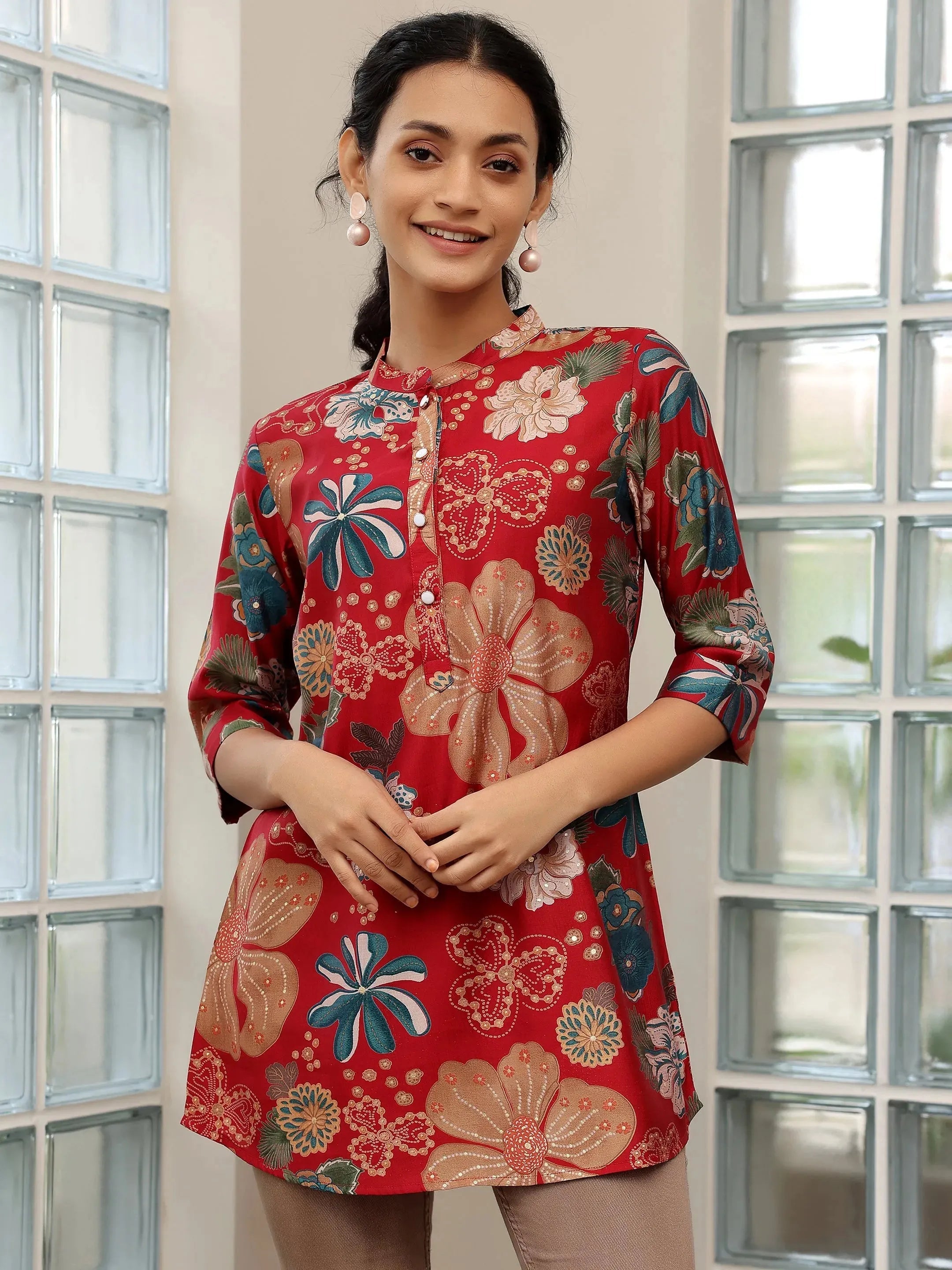 Pink Printed Silk Blend Straight Kurti