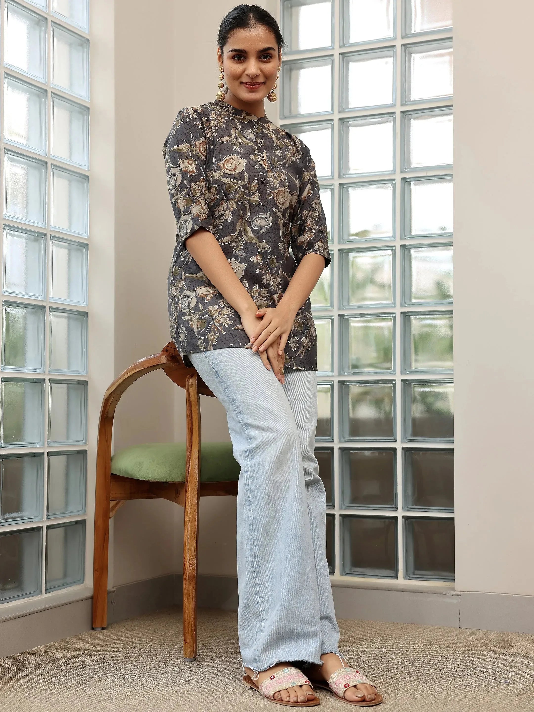 Grey Printed Silk Blend Straight Kurti