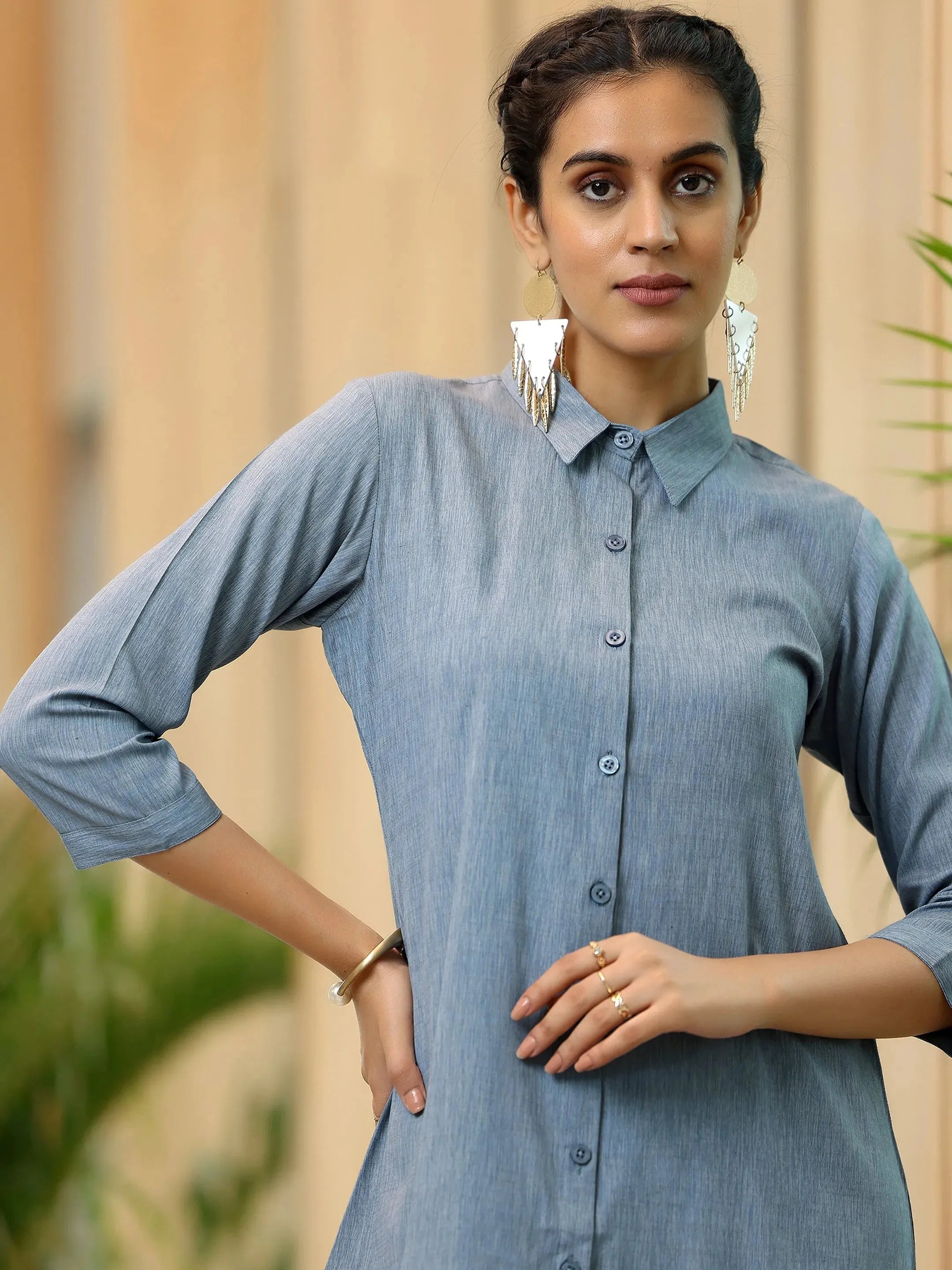 Grey Solid Cotton Blend Straight Kurti