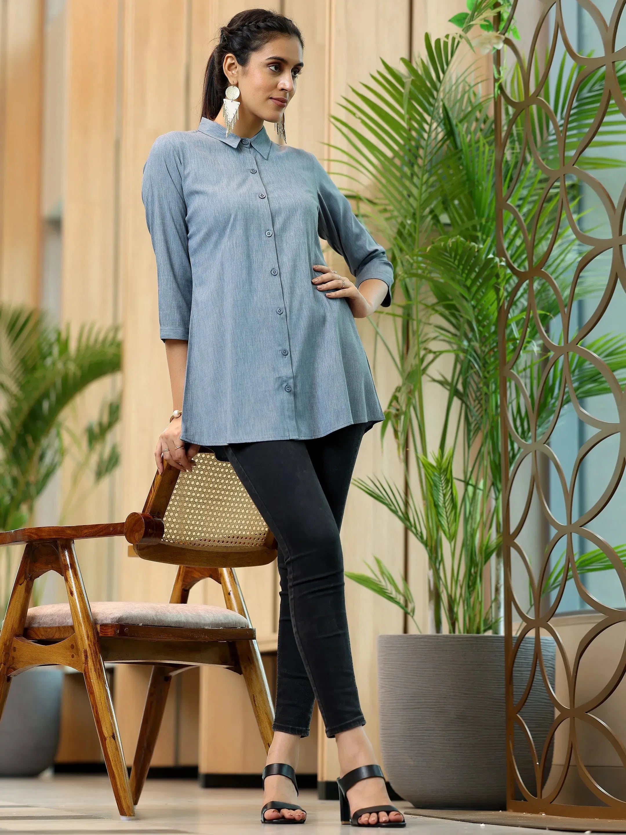 Grey Solid Cotton Blend Straight Kurti