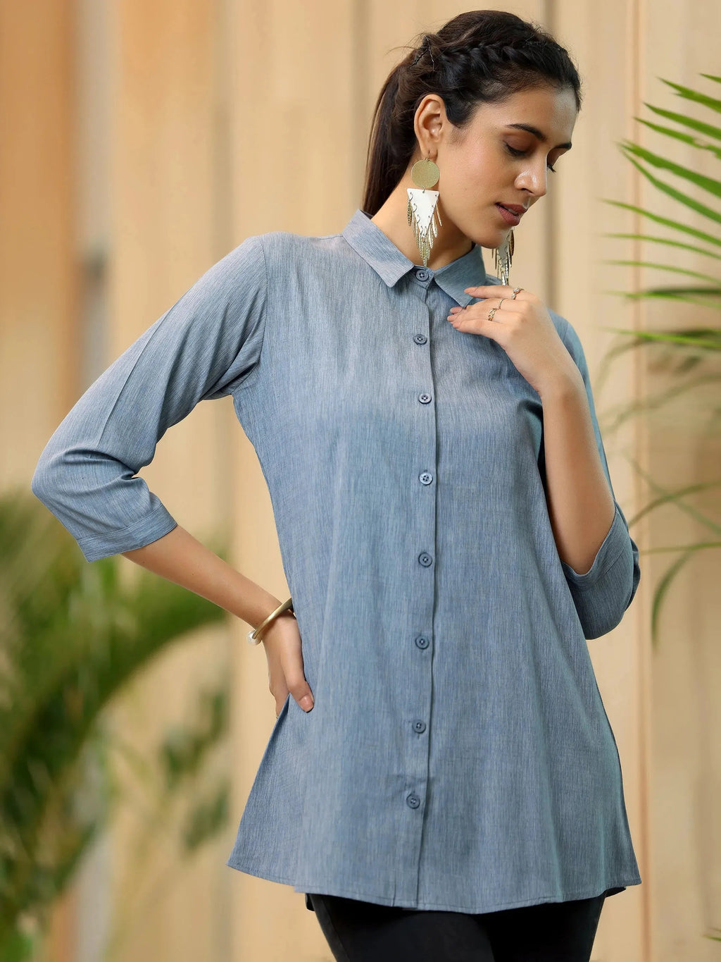 Grey Solid Cotton Blend Straight Kurti