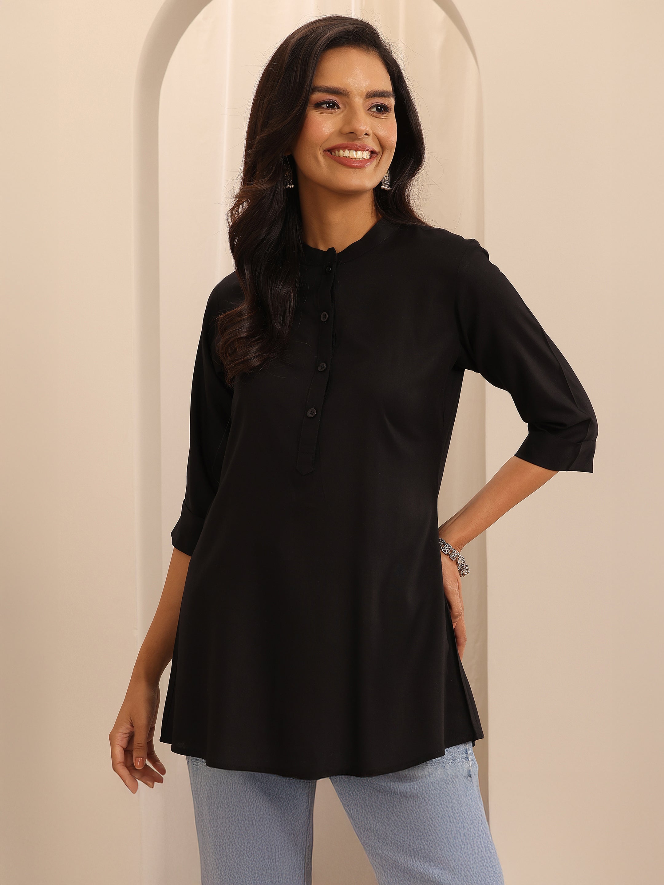 Black Solid Rayon Straight Tunic