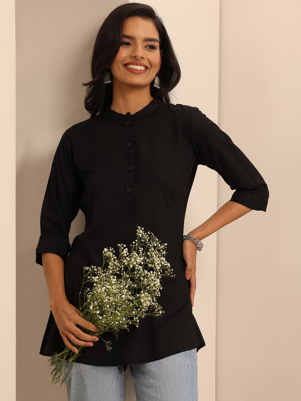 Black Solid Rayon Straight Tunic