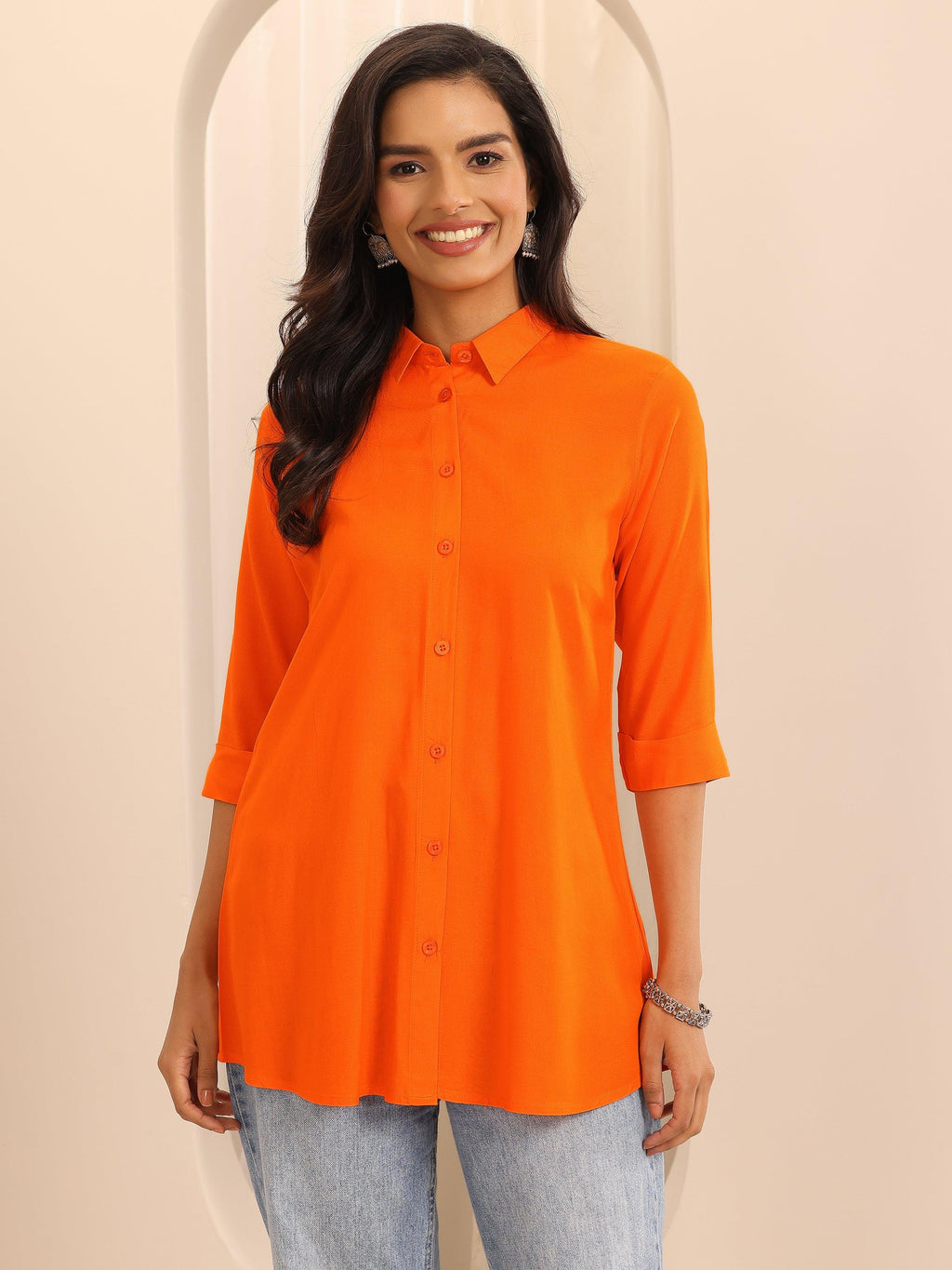 Orange Solid Rayon Straight Tunic