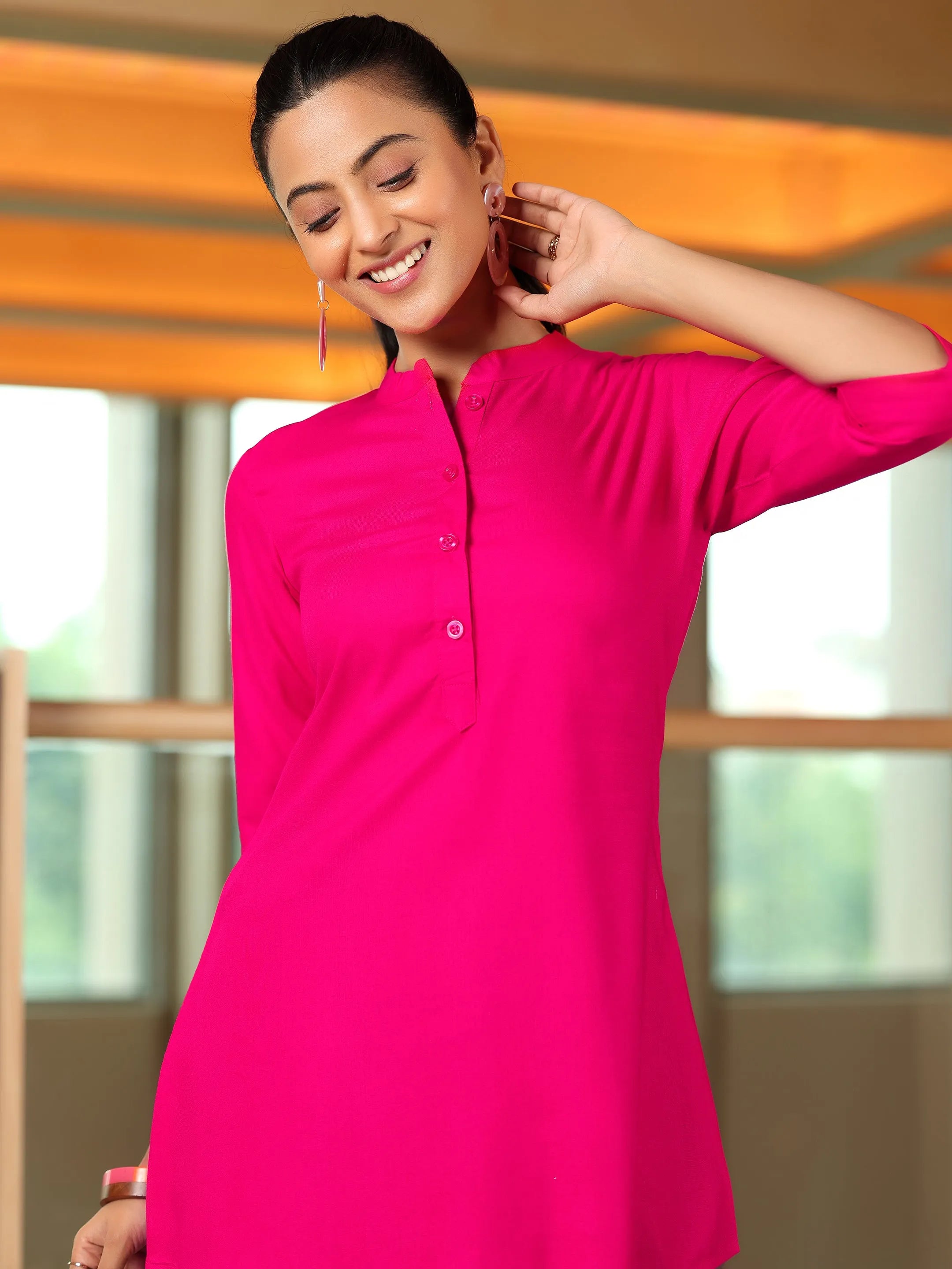 Pink Solid Rayon Straight Tunic