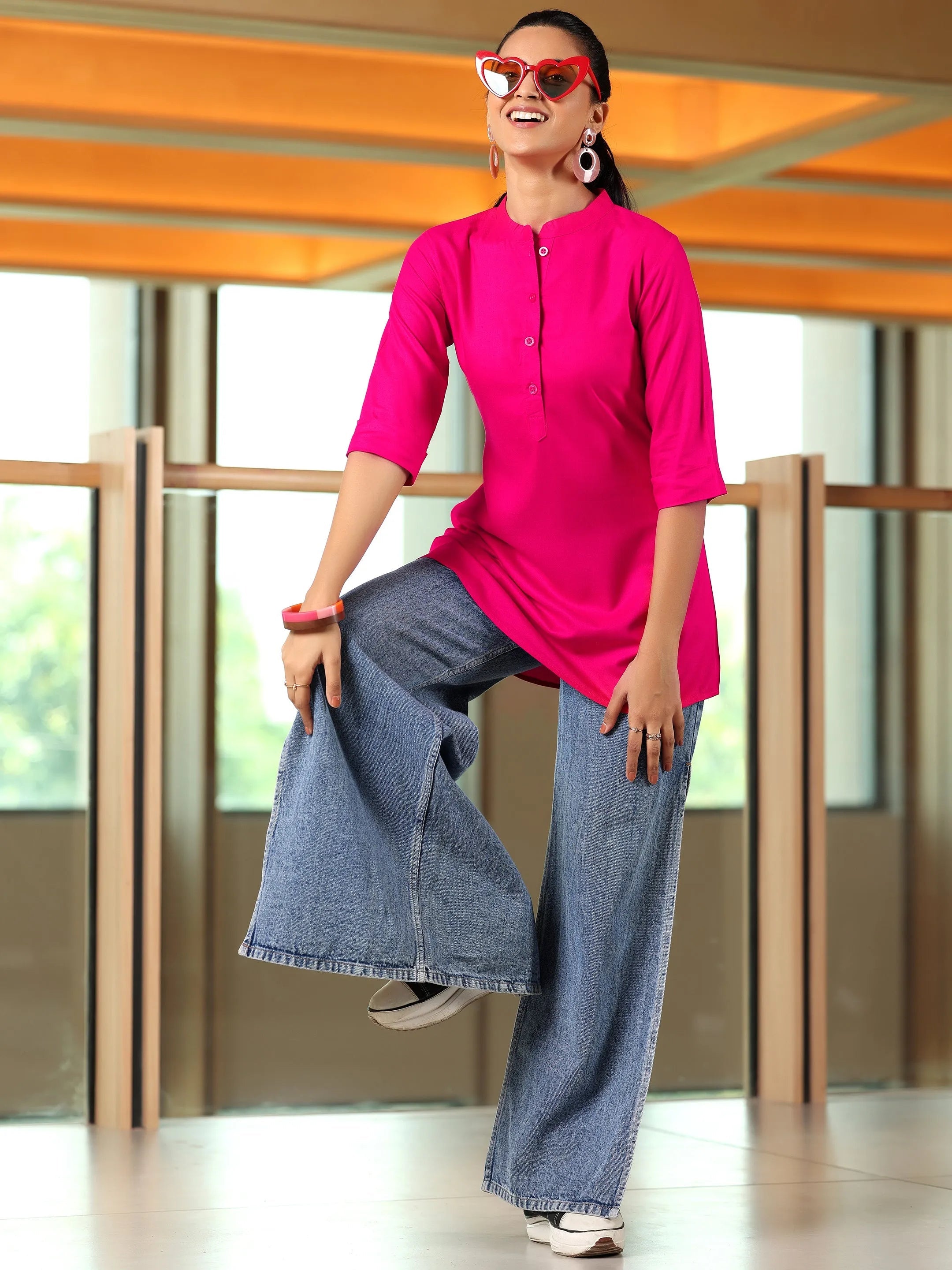 Pink Solid Rayon Straight Tunic