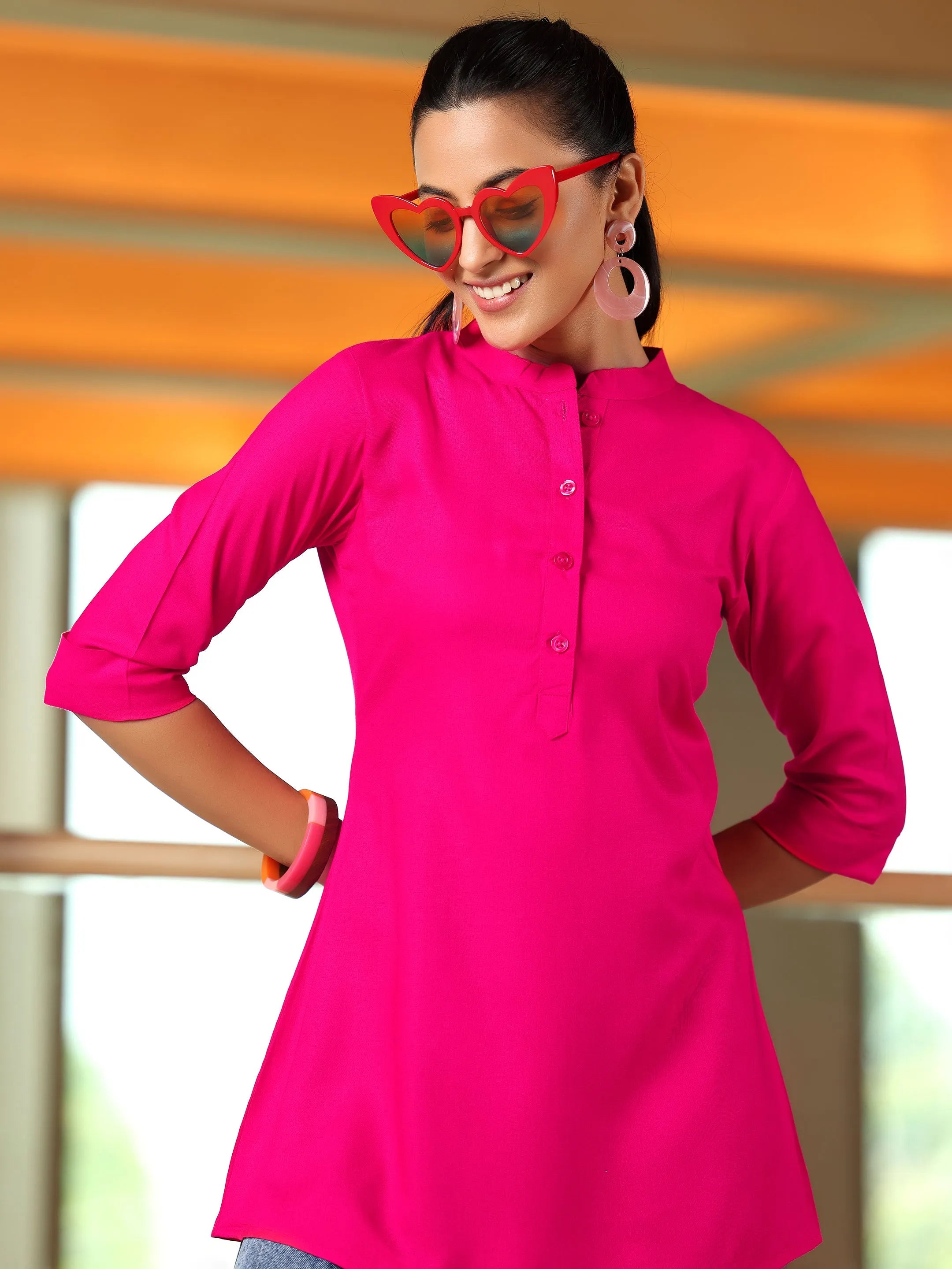 Pink Solid Rayon Straight Tunic