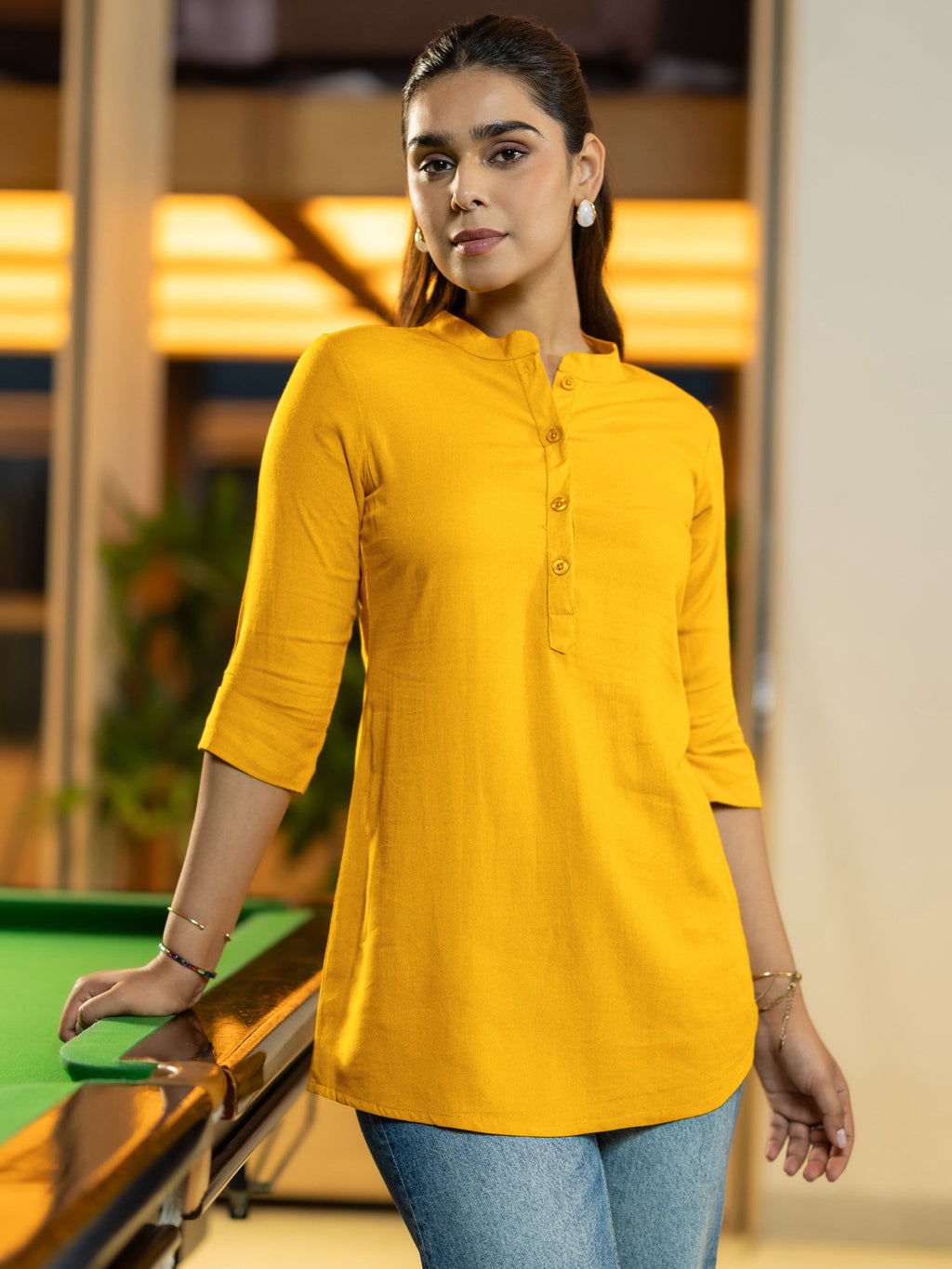 Mustard Solid Rayon Straight Tunic