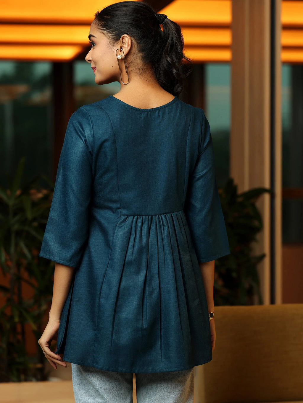 Blue Yoke Design Cotton Blend A-Line Kurti