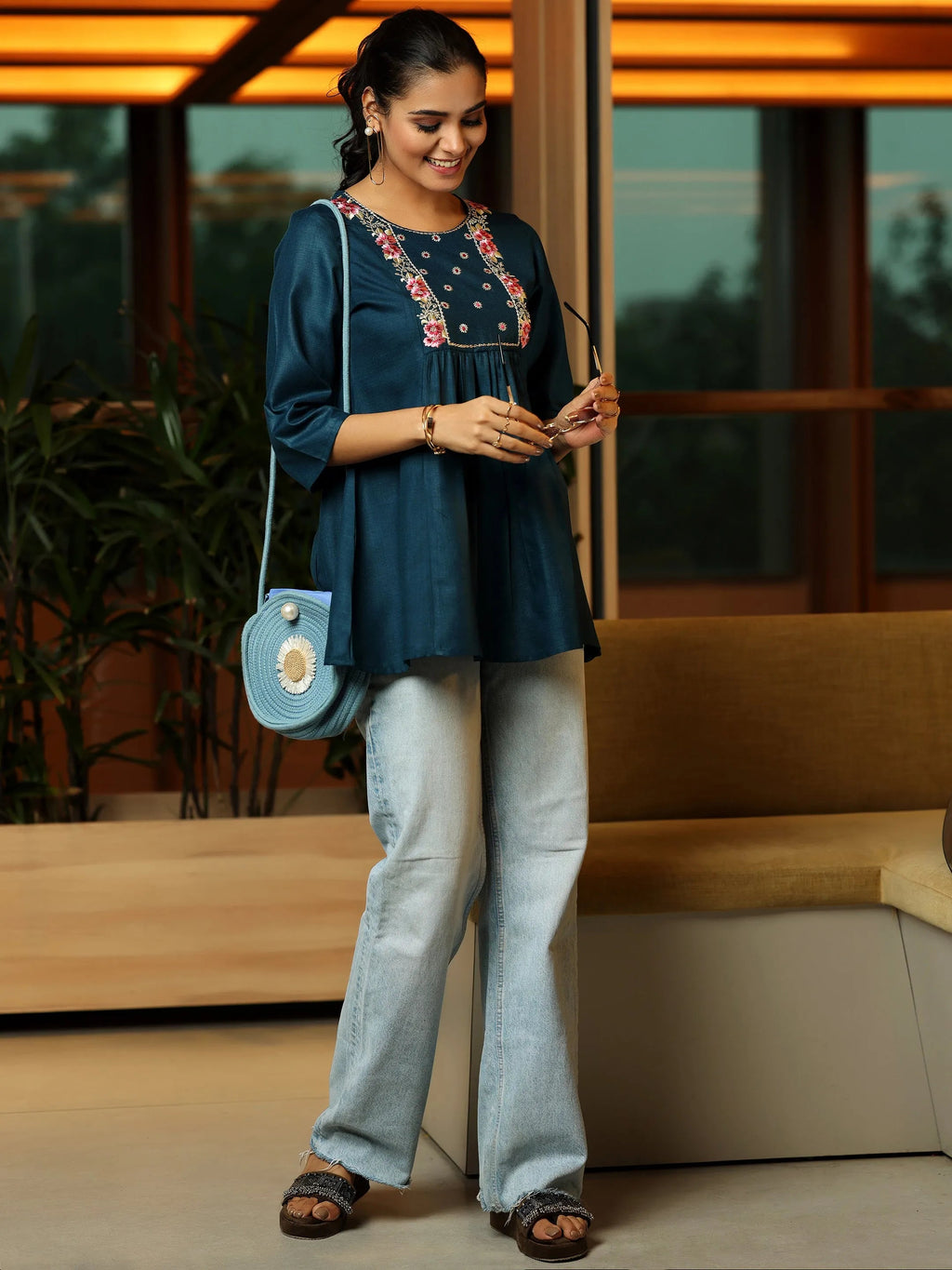 Blue Yoke Design Cotton Blend A-Line Kurti