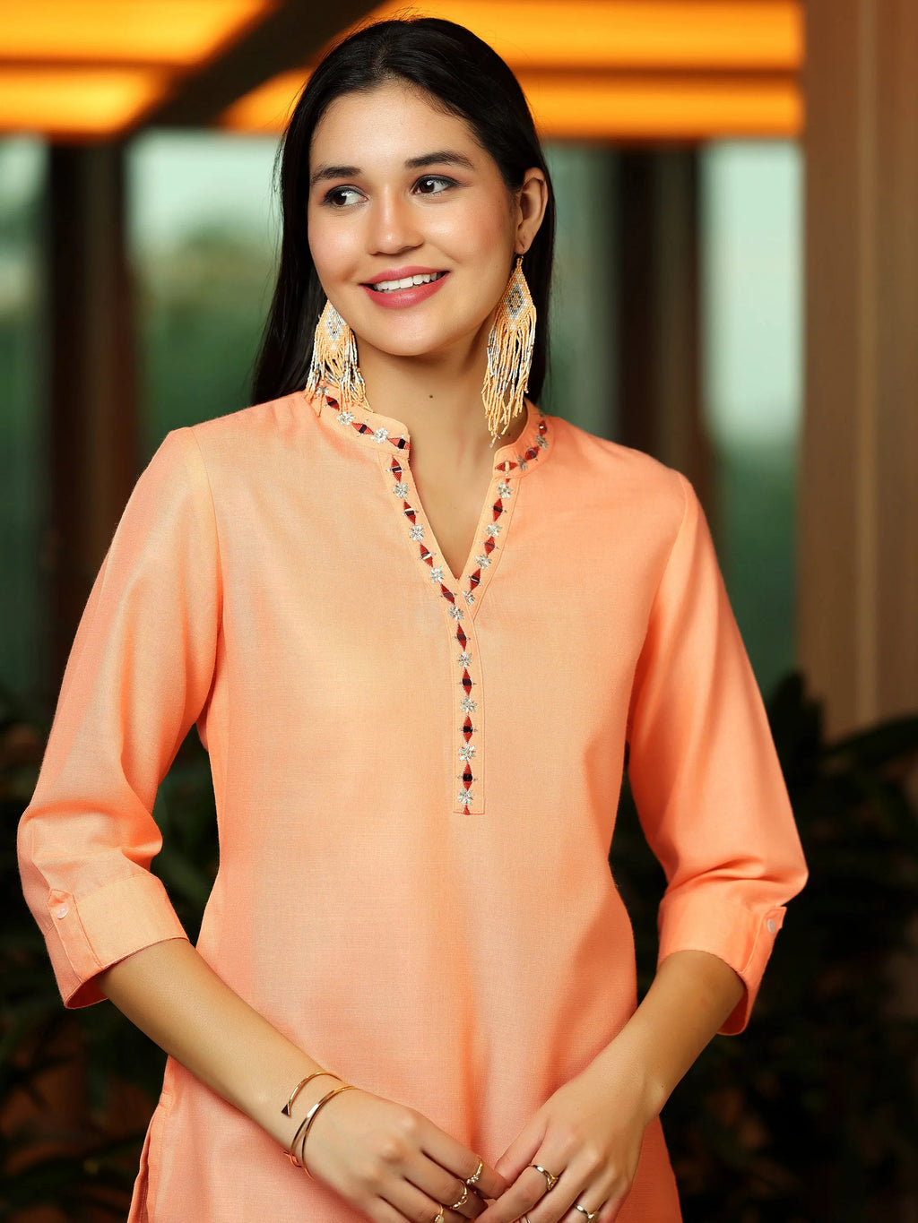 Peach Solid Cotton Blend Straight Kurti