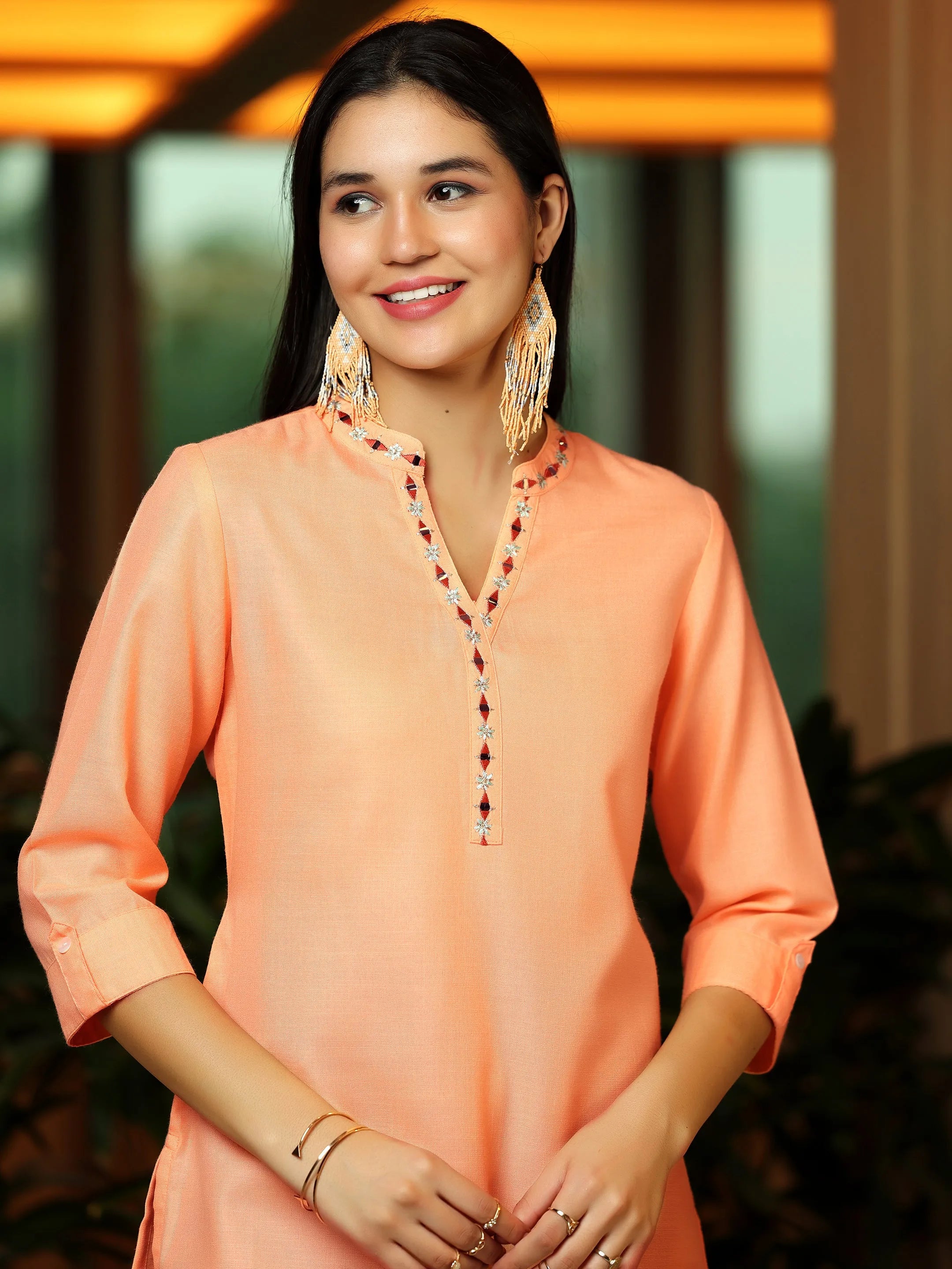 Peach Solid Cotton Blend Straight Kurti