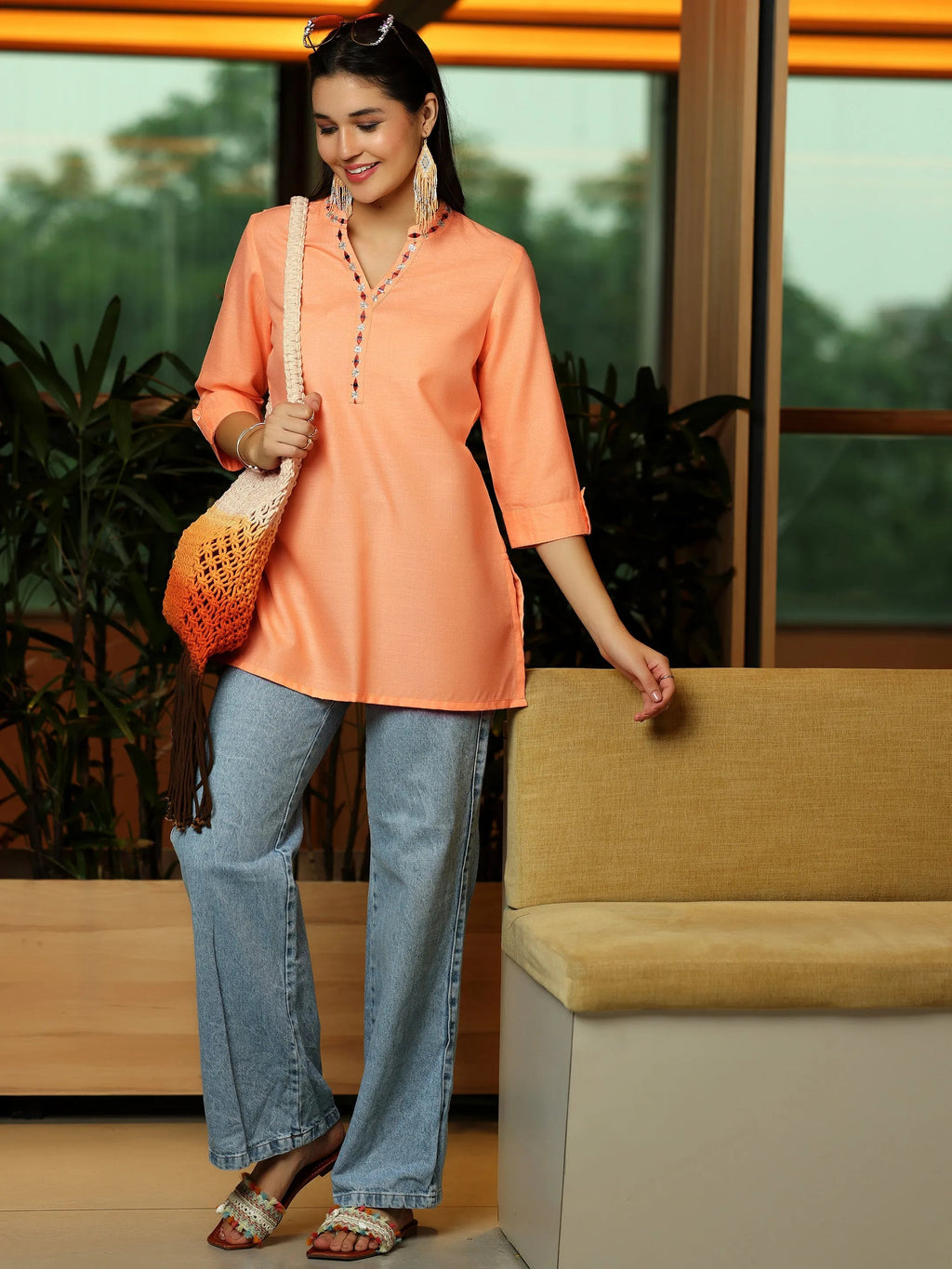 Peach Solid Cotton Blend Straight Kurti