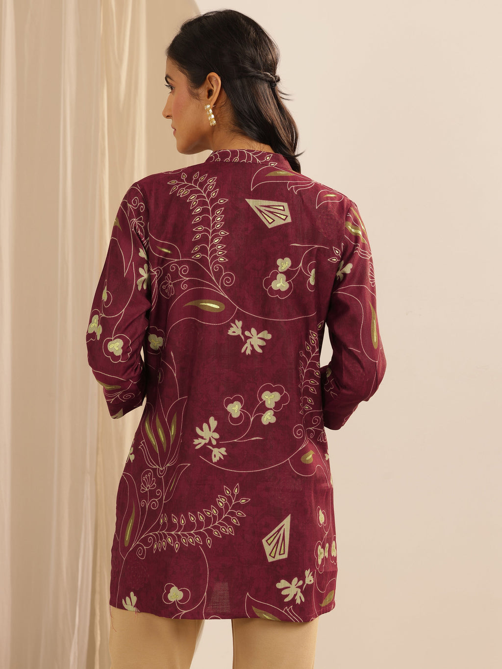 Maroon Printed Silk Blend Straight Short Kurti