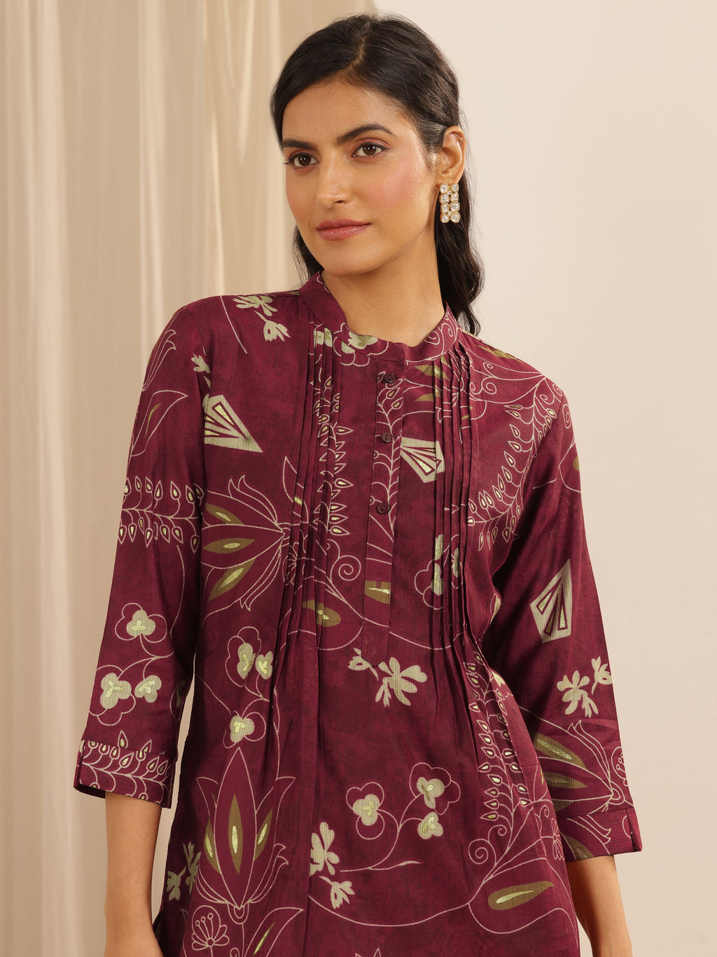 Maroon Printed Silk Blend Straight Short Kurti