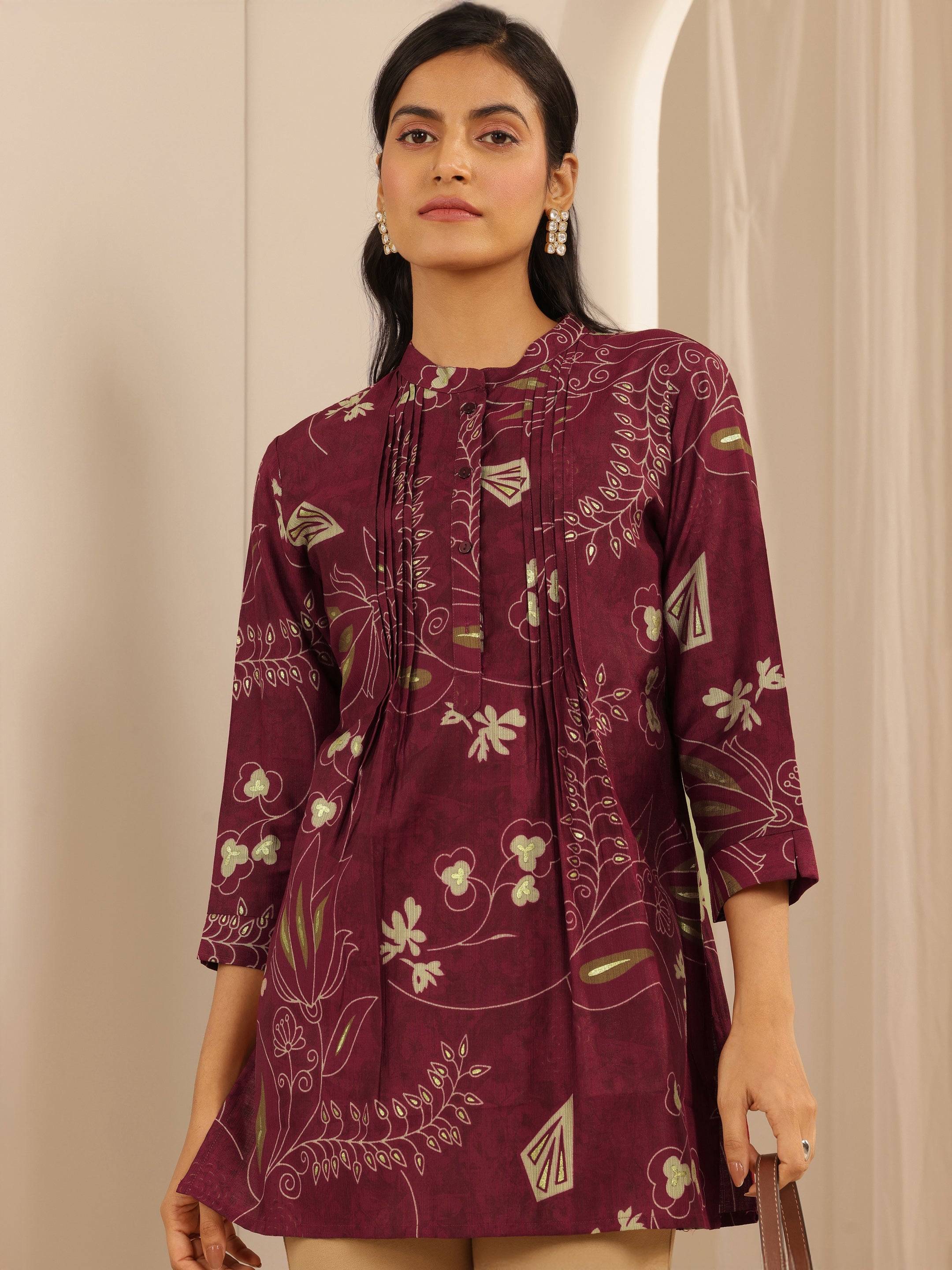 Maroon Printed Silk Blend Straight Short Kurti