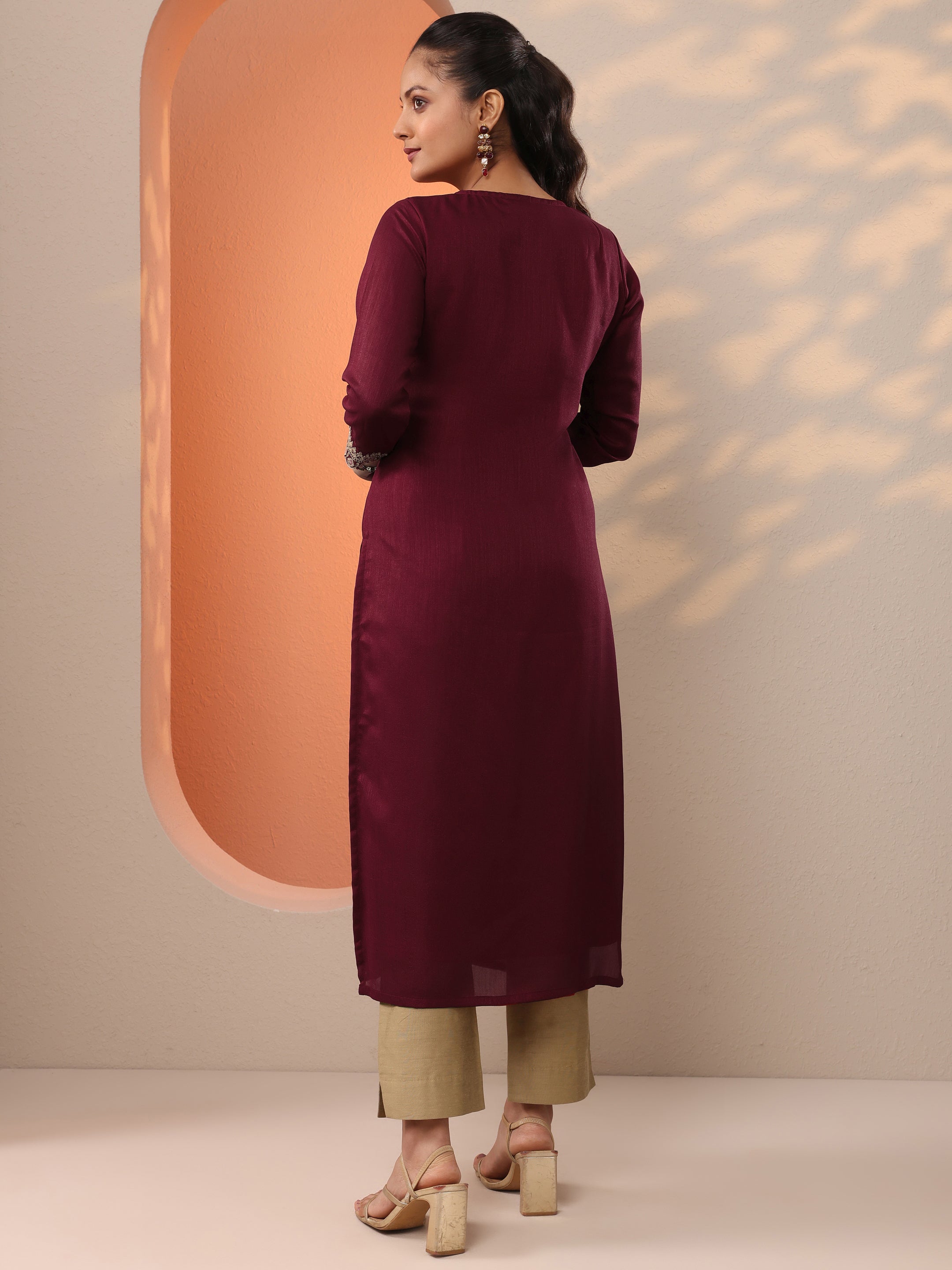 Maroon Embroidered Silk Blend Straight Kurta
