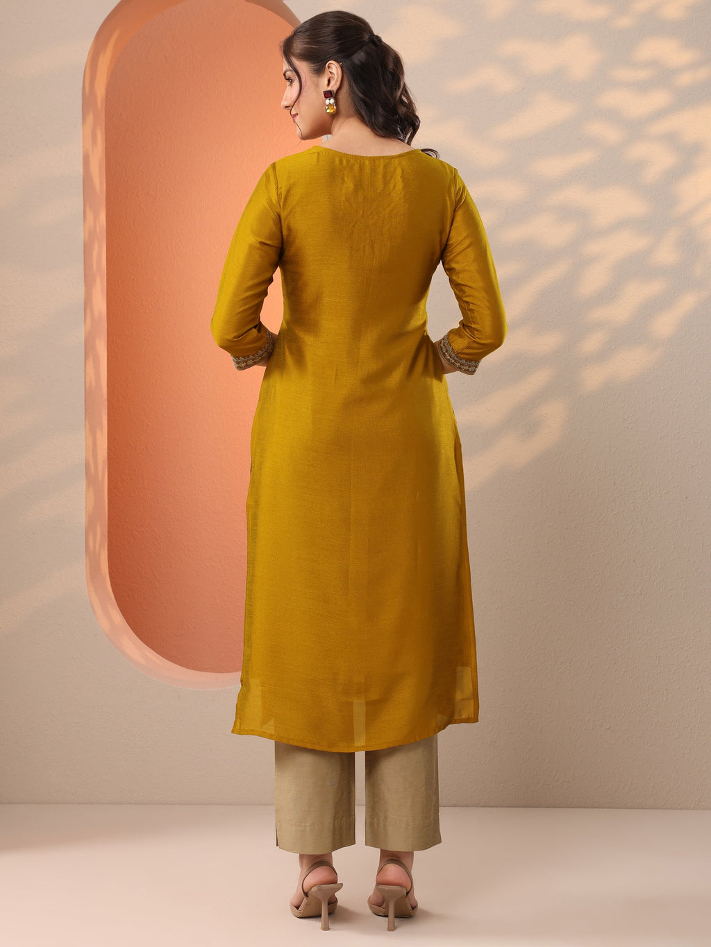 Mustard Embroidered Silk Blend Straight Kurta