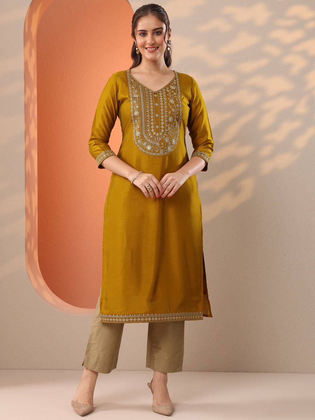 Mustard Embroidered Silk Blend Straight Kurta