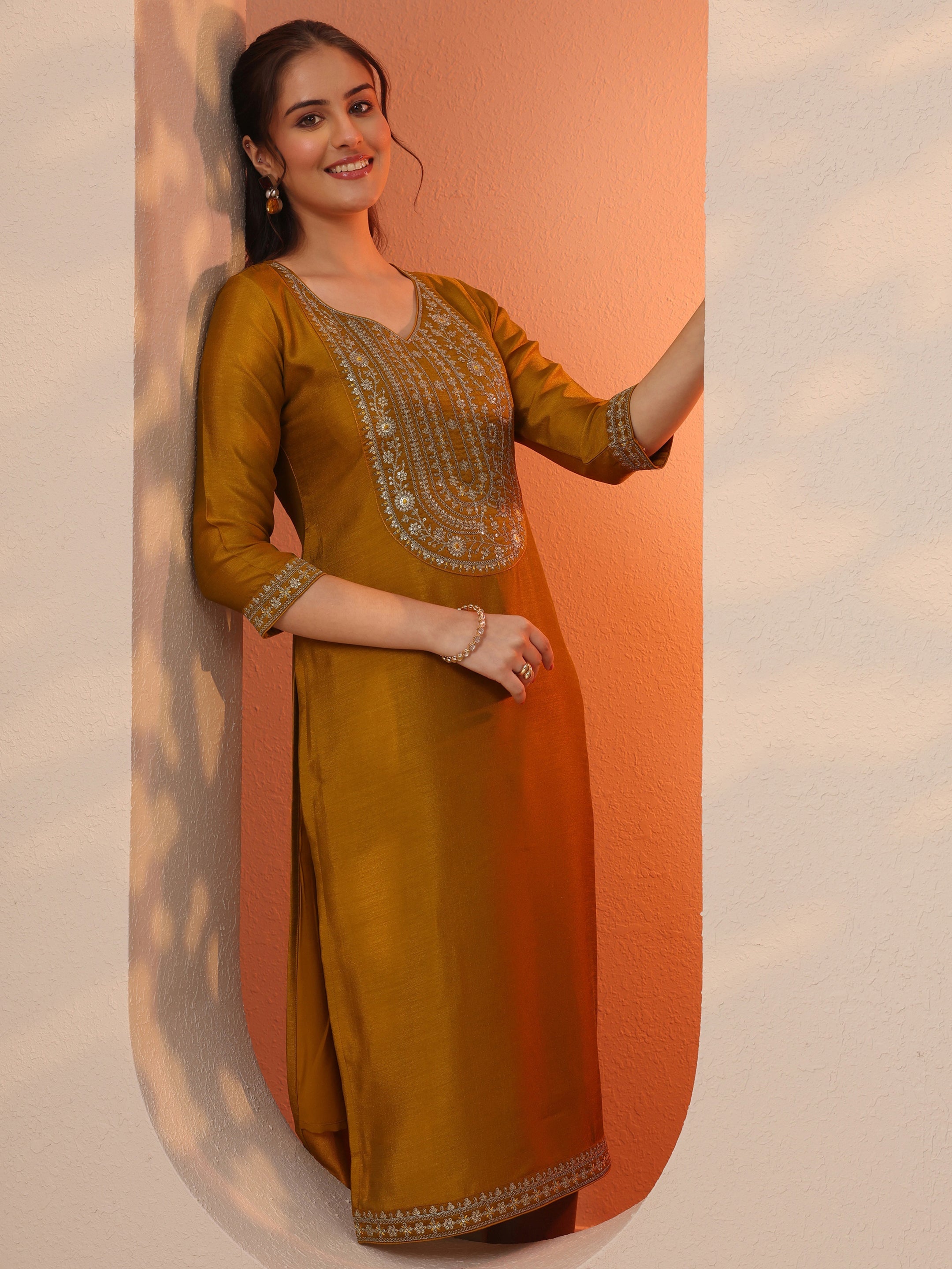 Mustard Embroidered Silk Blend Straight Kurta