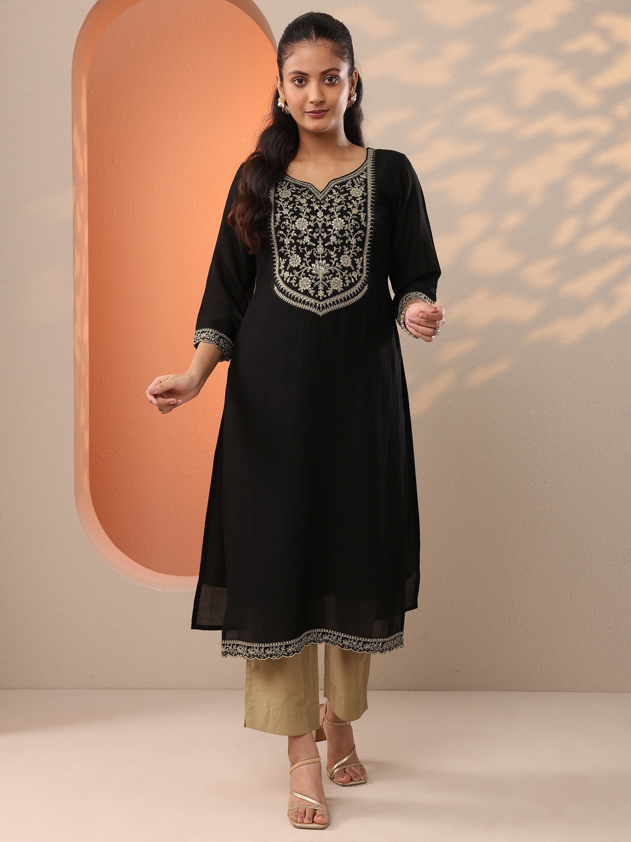 Black Embroidered Silk Blend Straight Kurta