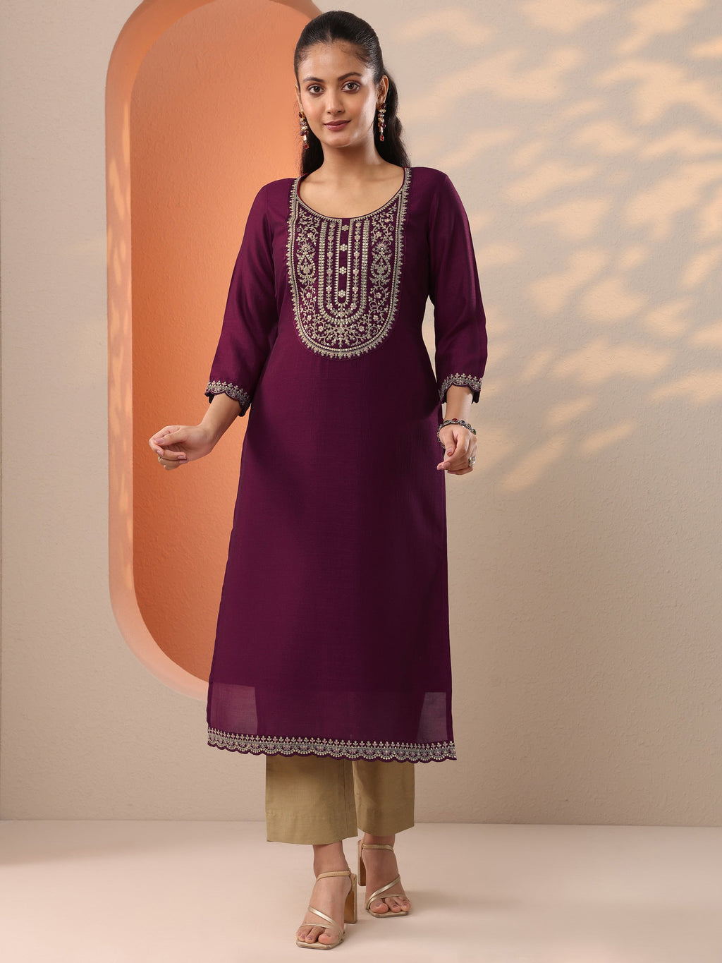Burgundy Embroidered Silk Blend Straight Kurta