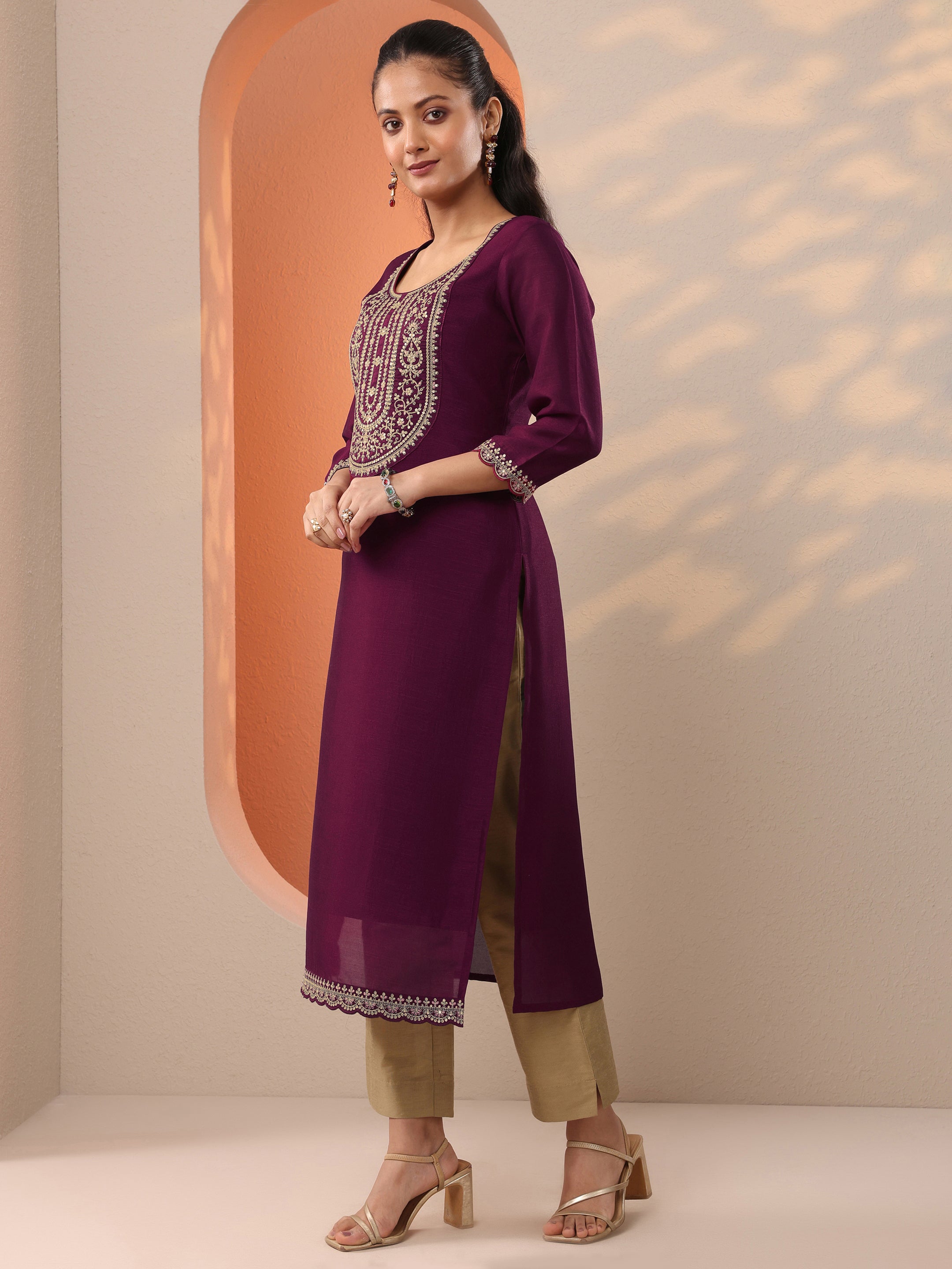 Burgundy Embroidered Silk Blend Straight Kurta