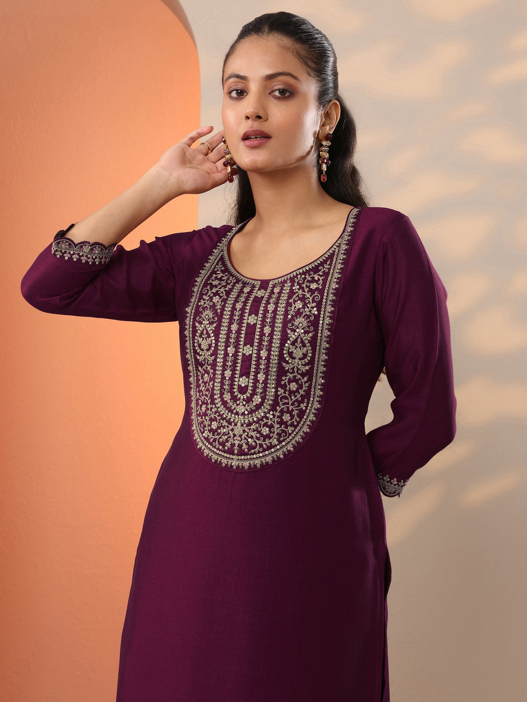 Burgundy Embroidered Silk Blend Straight Kurta