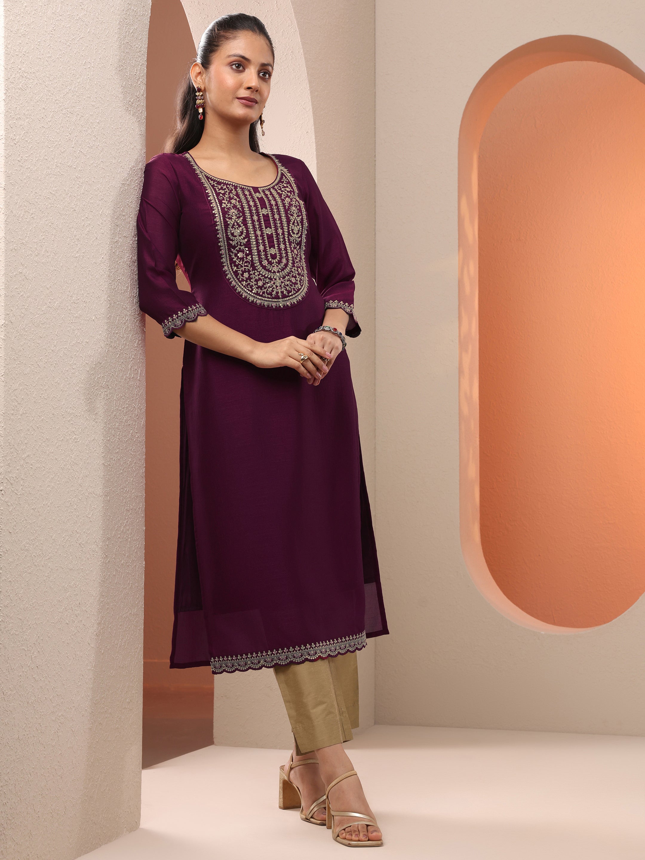 Burgundy Embroidered Silk Blend Straight Kurta